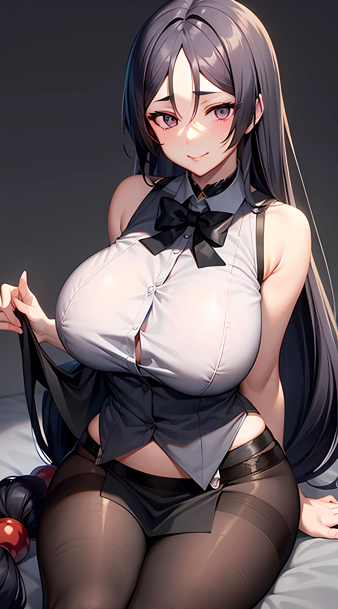 Black and white two-tone patchwork sleeveless shirt, long untied hair, pinched eyes, big tits, thick thighs, white panties, (dark black pantyhose: 1.6), dark purple hip skirt, collar, smile