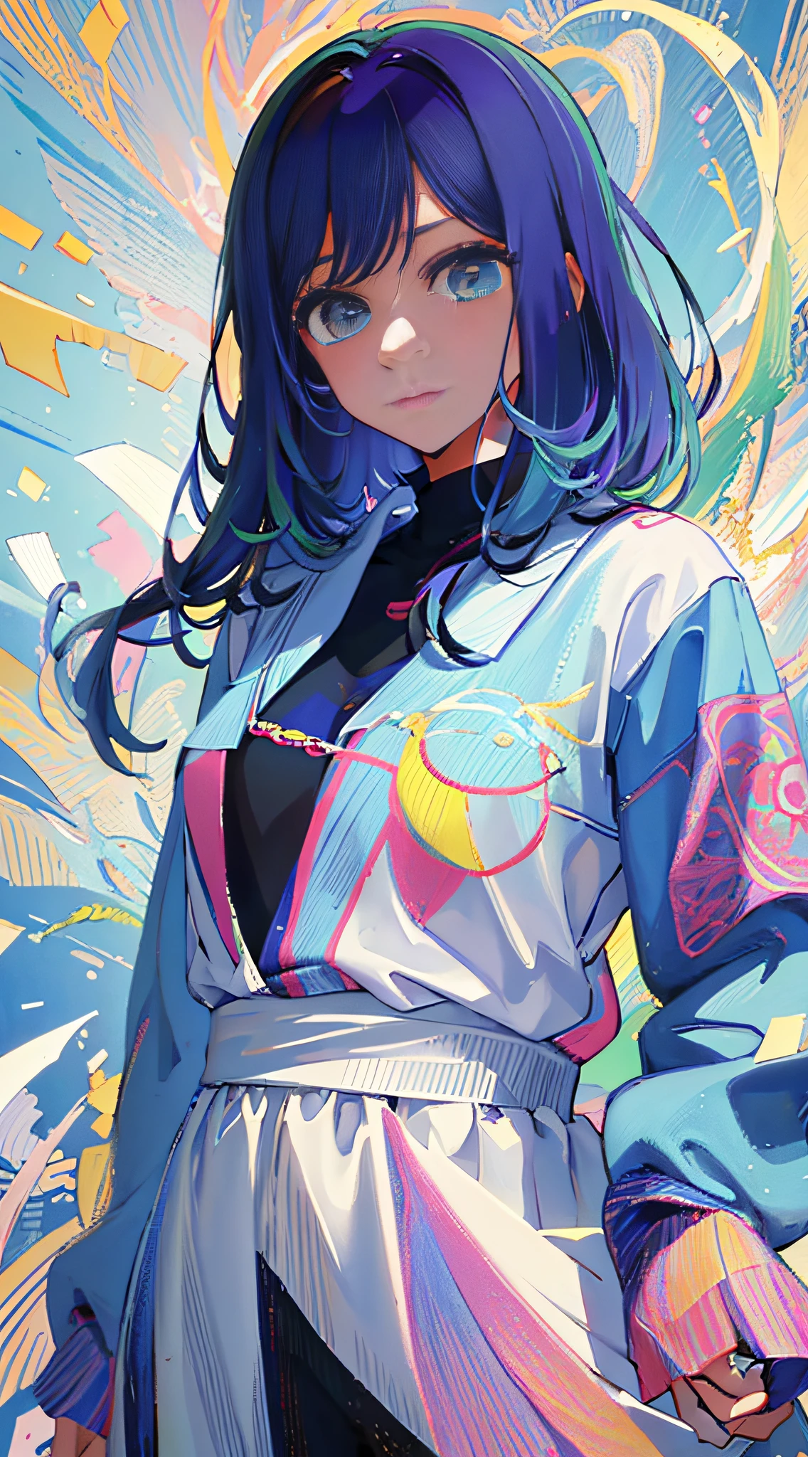 (masterpiece), (best quality), (ultra detailed),(乱发),(illustration), (1girl), (Fashionable clothing), standing,Fashion model, looking at viewer, (interview), (simple background), beautiful detailed eyes,精致美颜,Floating,(高饱和度),(colorful splashs),colorful bubble,(shining),focus on face,