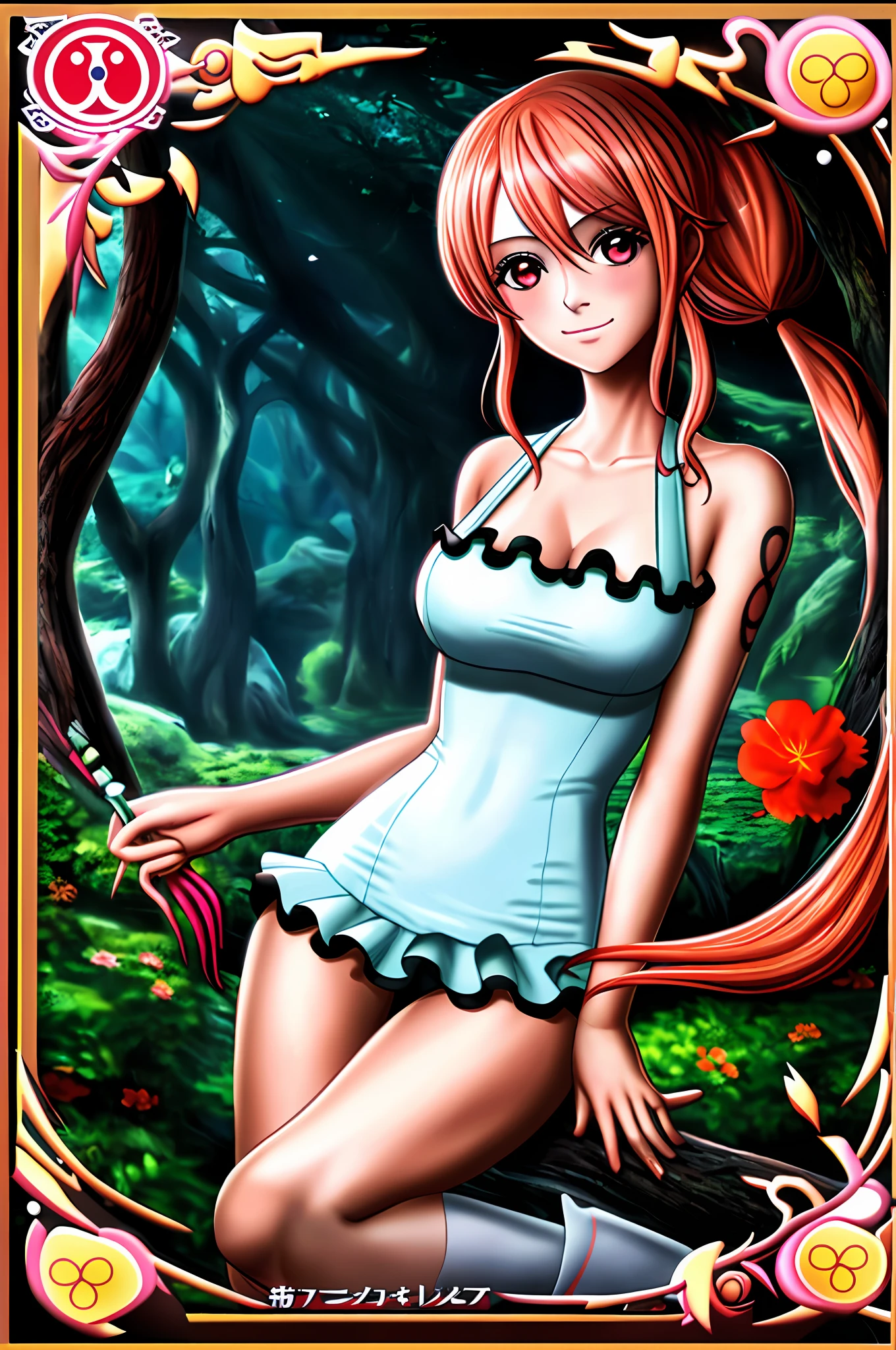 1girl, nsfw, official art, unity 8k wallpaper, ultra detailed, beautiful and aesthetic, masterpiece, best quality, realistic, (1girl:1.3), young, cute, blush, long hair, white hair, streaked hair, red eyes, hair bow, low twintails, large breasts, botanical garden, smile, short dress, frilled dress, sakura tree, thighhighs, nami, one piece,