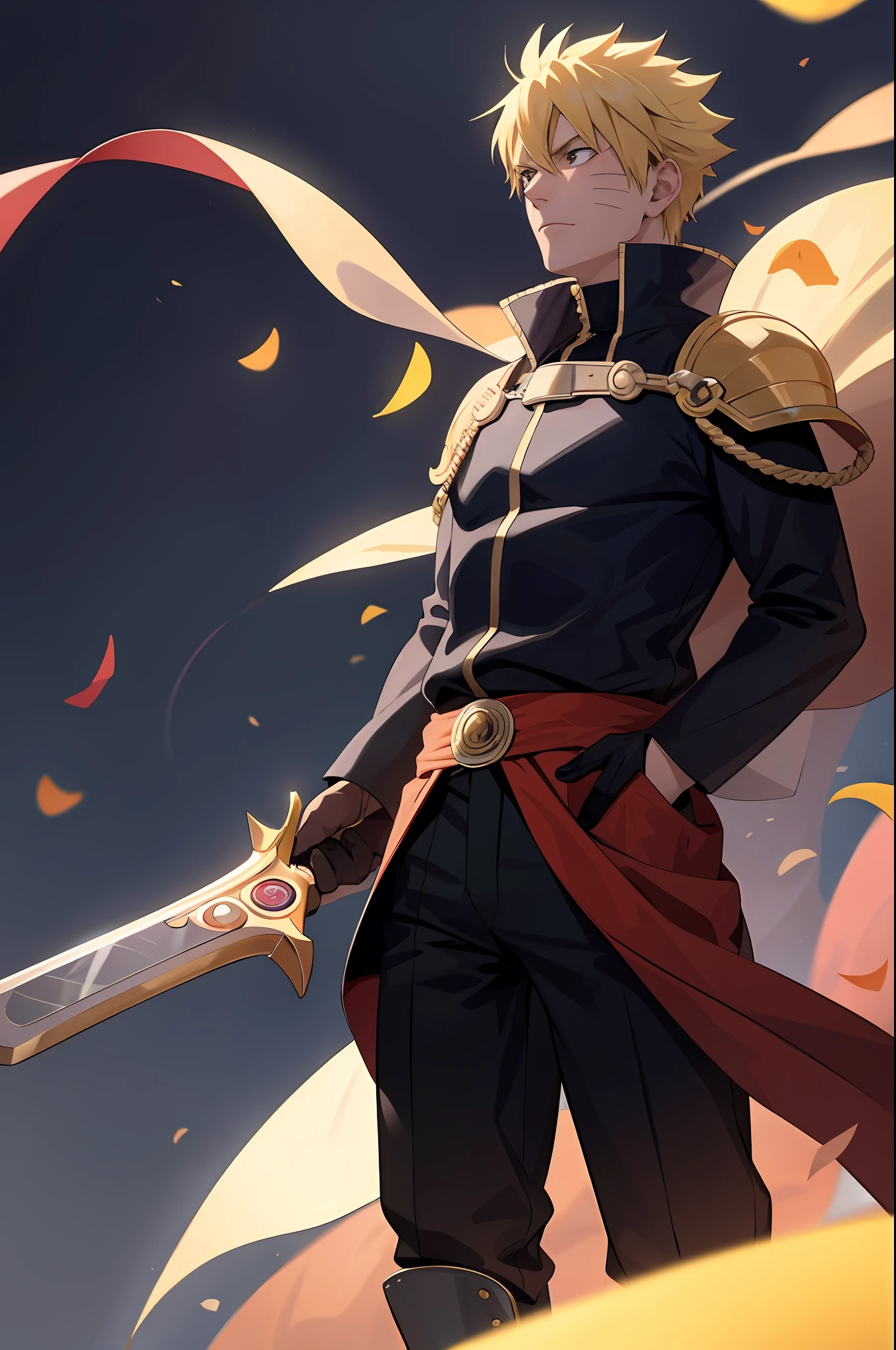 8k, best quality, masterpiece, highly detailed, semi realistic, 1 boy, mature male, 20 years old, yellow hair, short hair, curtain bangs, blue pupils, golden armor, black fluffy pants, golden iron boots, redblack fluffy brimmed cloak, wielding sword, knight, coronation ceremony,War, flames, bloodstains,Lily, petal rain,banner, uzumaki naruto, from front, masculine, tall, handsome