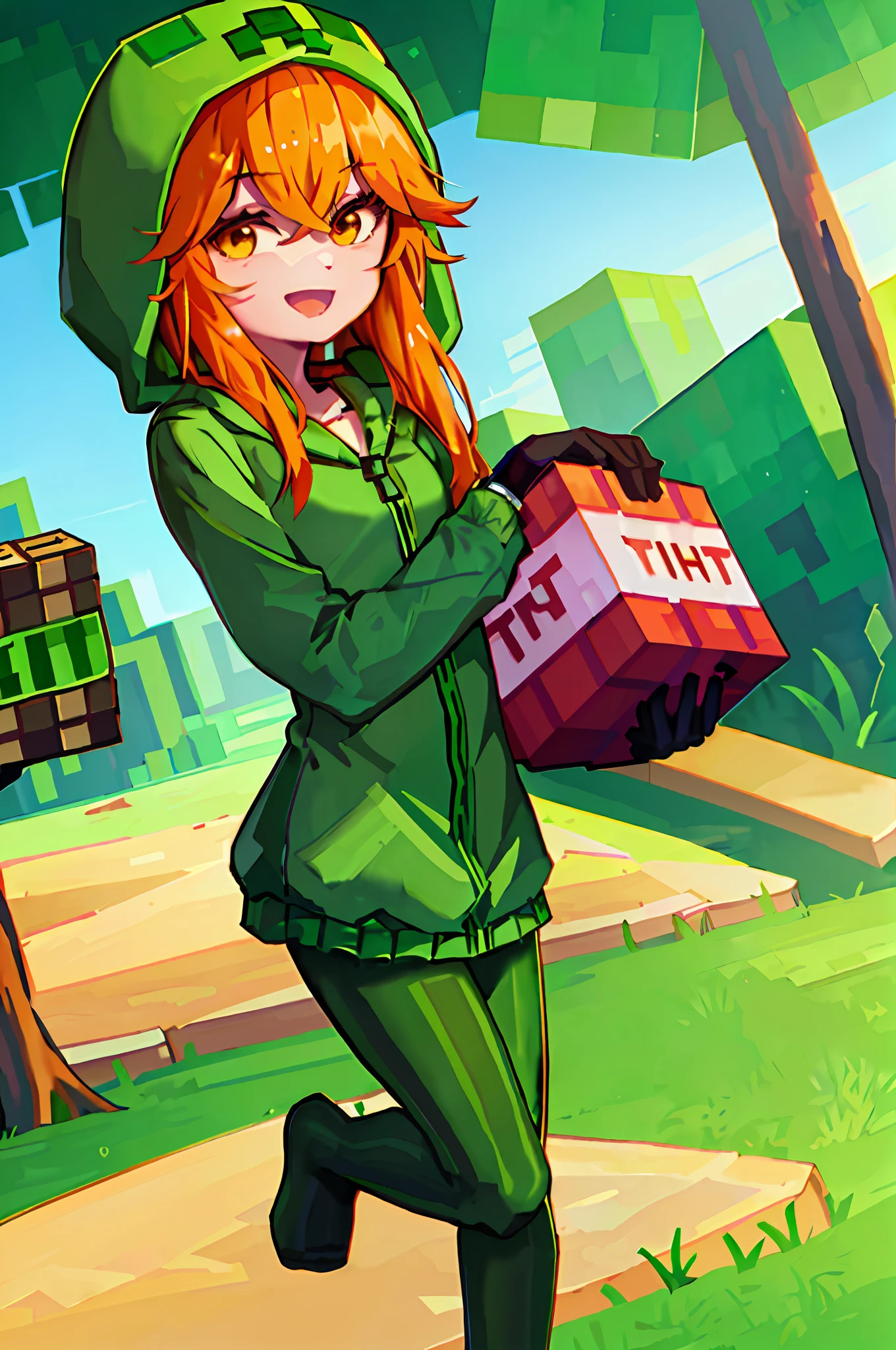 Anime girl in green costume carrying a box in a park, annie from League of Legends, minecraft style, minecraft skin, video game fanart, by Kanbun Master, commission art, profile picture showing whole body, official fanart, minecraft creeper, commission, creeper, shifty, , minecraft, beautiful art, fanart, ❤🔥🍄🌪 official art