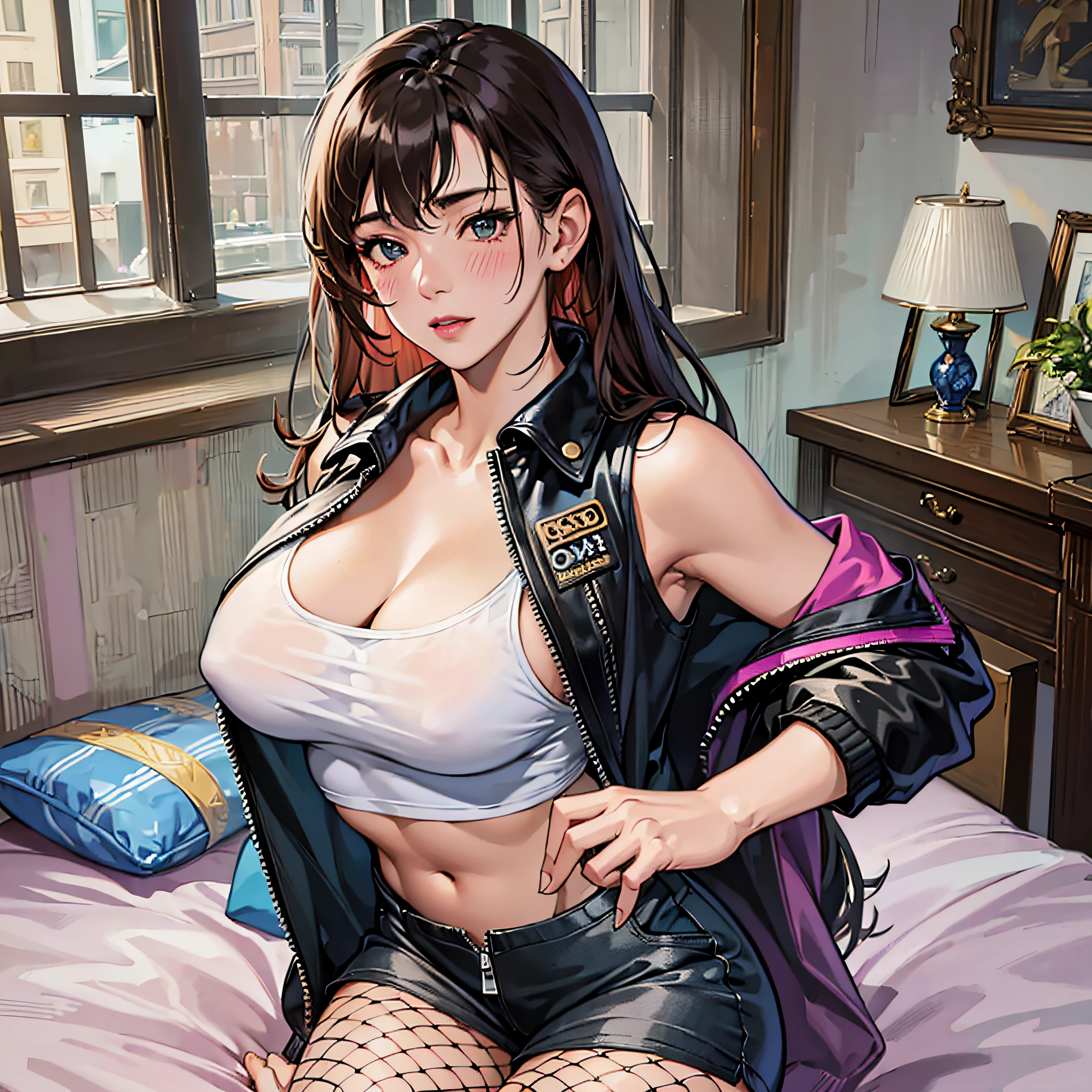 masterpiece, high definition, high quality, detailed face, detailed body rendering, 1girl, solo, hyuga hyuga, hyuga sleeveless clothing,room,look down, sleeveless shirt, fishnet garment, dark lips, unzipped jacket, no bra, breasts out,, standing, blush, (in bedroom) --auto --s2