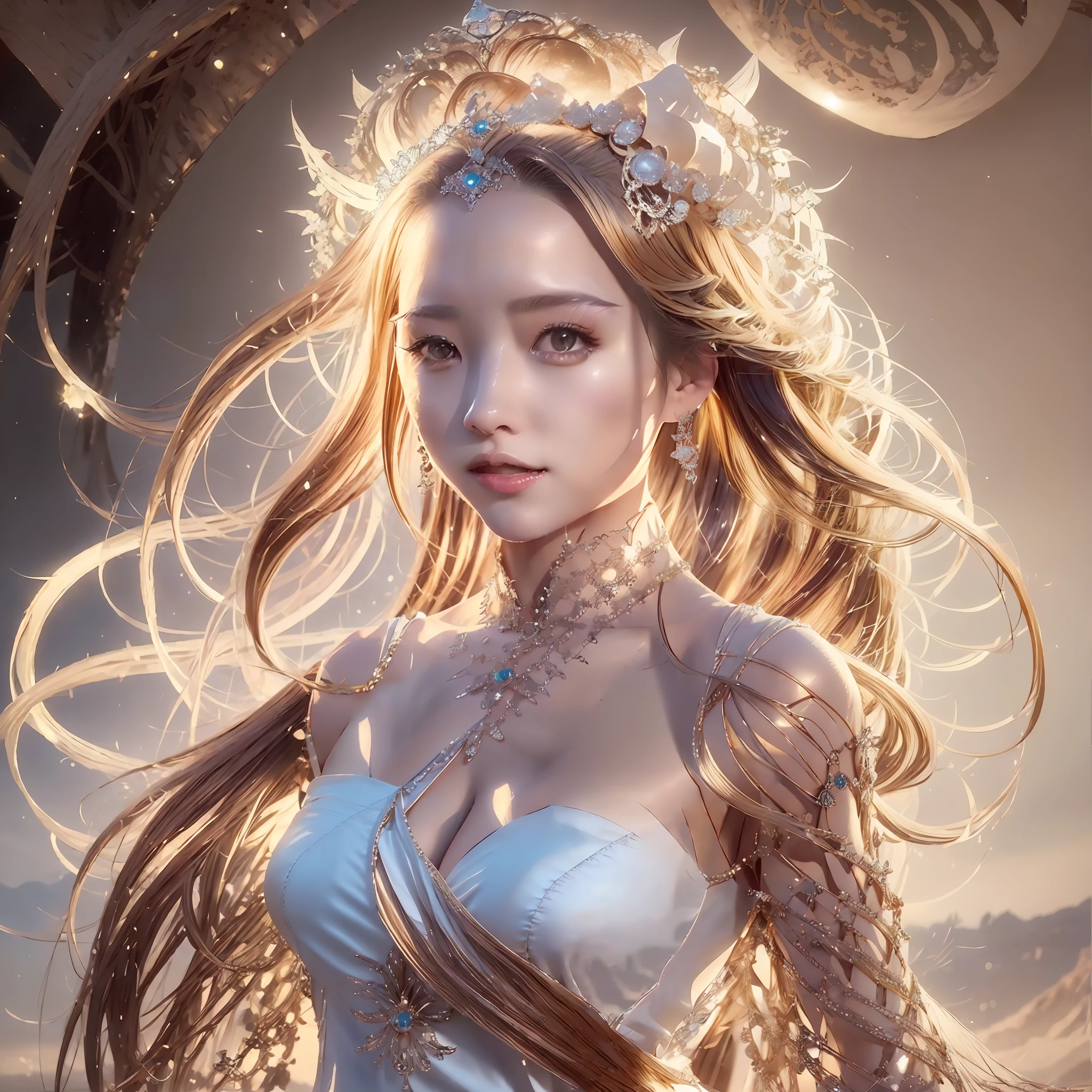 a woman in a silver dress posing for a picture, concept art by Raymond Han, cgsociety contest winner, fantasy art, ((a beautiful fantasy empress)), fantasy dress, a beautiful fantasy empress, karol bak uhd, fantasy gorgeous lighting, fantasy woman, fantasy robe, blonde goddess, style of karol bak, draped in shiny gold and silver, sexy gown