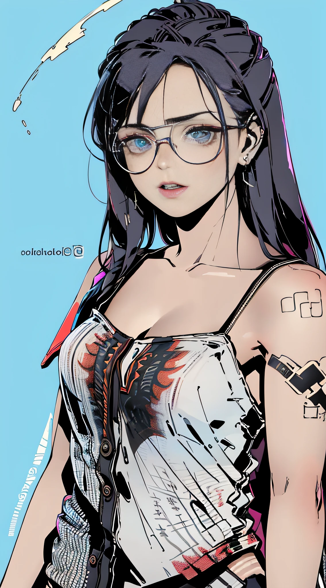 clonion,
1girl, solo, upper_body, full_body, 
a girl in white shirt, look at viewer, detailed eyes, earrings, tattoo, tinted_eyewear, looking_over_eyewear, glasses,
(paint splash),
flat_color, high_contrast, simple_background, blue_background,