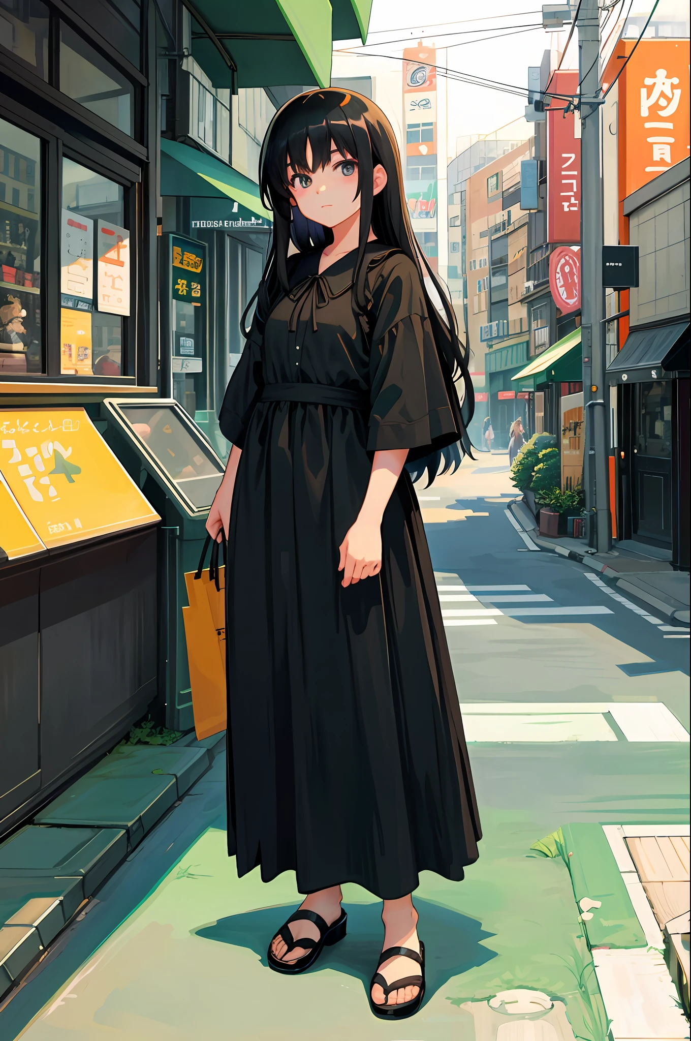 Best Quality Original Character, Volume Lighting, Long Black Hair, Urban Cafe, Summer Dress, Background Painting Ghibli Style, Harajuku Takeshita Street