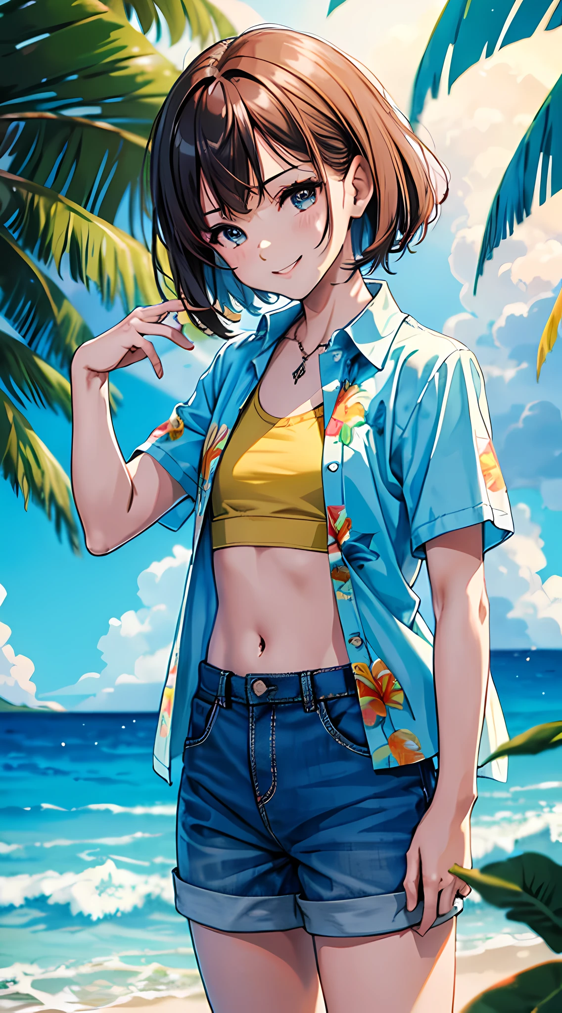 (short sleeve hawaiian shirt, aloha shirt:1.3), (open shirt, smile:1.4), masterpiece, best quality, cowboy shot, denim hotpants, thighs, beautiful girl, beach, blue sky and sea, looking at viewer, small waist, 8k, official art, raw photo, incredibly absurdres, facelight, dynamic lighting, cinematic lighting, bikini top, ultra realistic, highres, photography, film grain, chromatic aberration, sharp focus, highest detailed, palm tree, extreme detailed, ultra detailed, finely detail, extremely detailed eyes and face