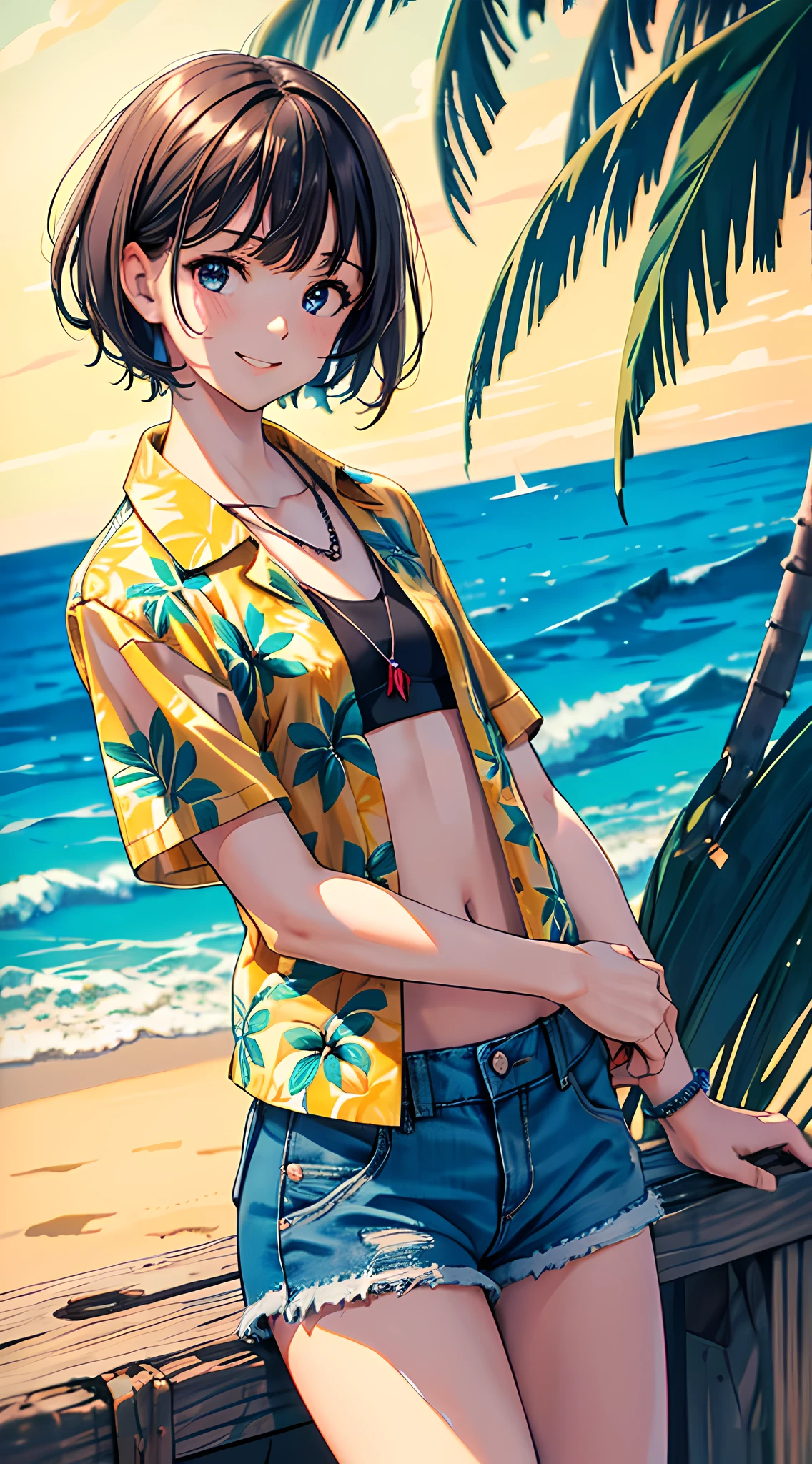 (short sleeve hawaiian shirt, aloha shirt:1.3), (open shirt, smile:1.4), masterpiece, best quality, cowboy shot, denim hotpants, thighs, beautiful girl, beach, blue sky and sea, looking at viewer, small waist, 8k, official art, raw photo, incredibly absurdres, facelight, dynamic lighting, cinematic lighting, bikini top, ultra realistic, highres, photography, film grain, chromatic aberration, sharp focus, highest detailed, palm tree, extreme detailed, ultra detailed, finely detail, extremely detailed eyes and face