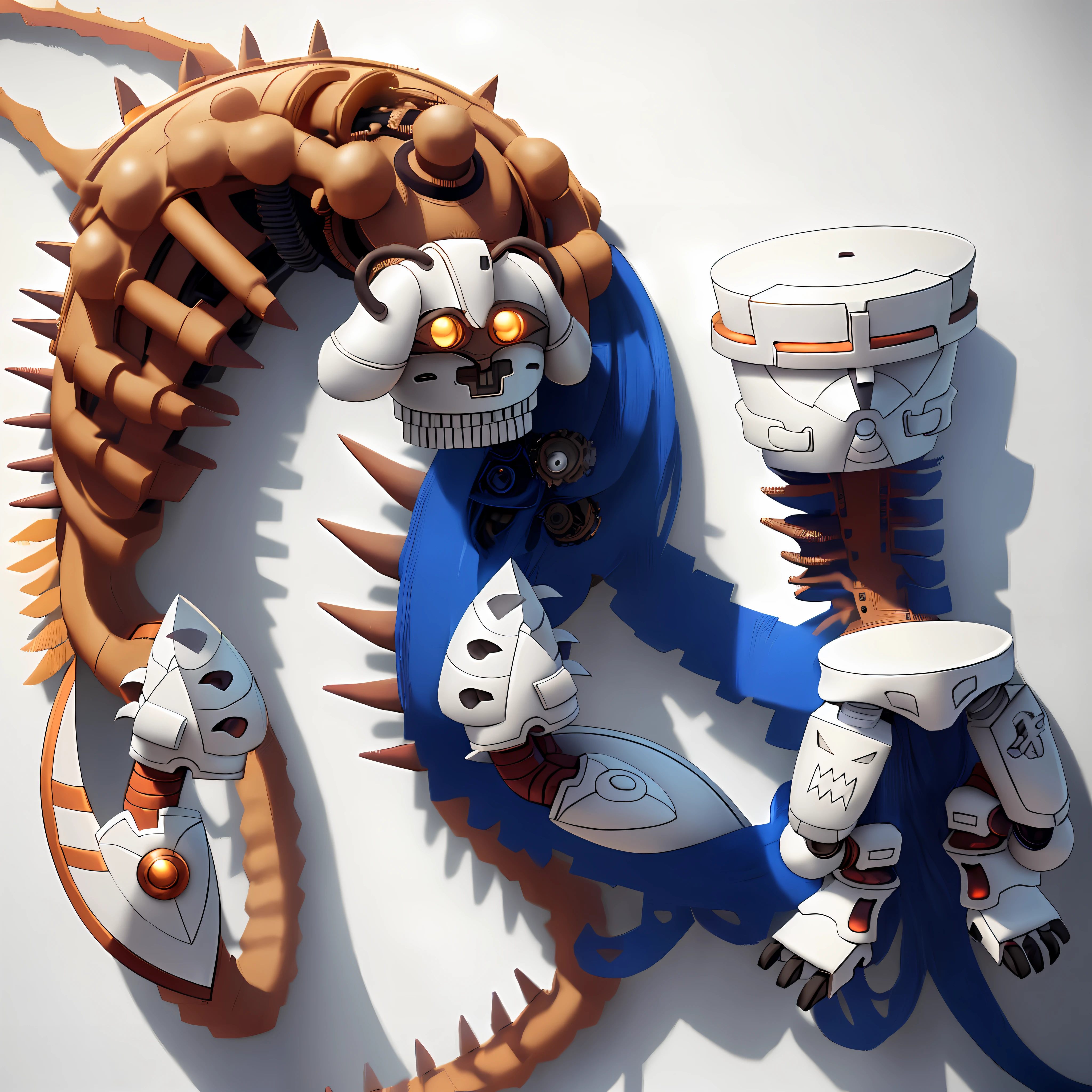 ((Very elaborate CG artwork)), on a white wall hang five sections of a robot artwork. Steampunk, partly mechanical, armor with spines. Each part has two or three colors and is woven using a 50% blue / red / white color. The whole is daytime, no depth of field, no blur, soft light --auto --s2