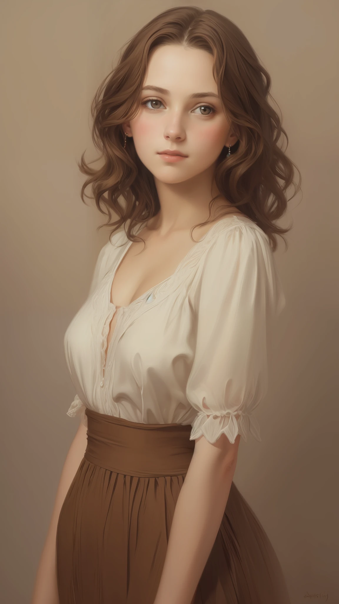 1girl, beautiful teenage girl, very small breasts, short wavy brown hair, portrait, oil painting, modern, realistic proportions, intricate, intricate details, sharp focus