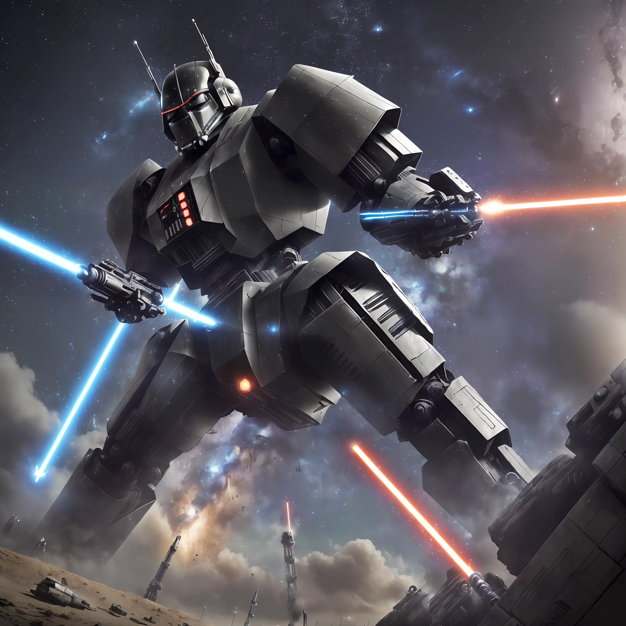 ((20m tall mecha), (black body), (one-eyed), (holding 30m lightsaber) :( good-looking maneuvering station, unique design, huge mechanical body, with a cruel aura, warriors lurking in the distance, fighting in the universe, realism, Canon shooting, 200mm focal length )) --auto --s2