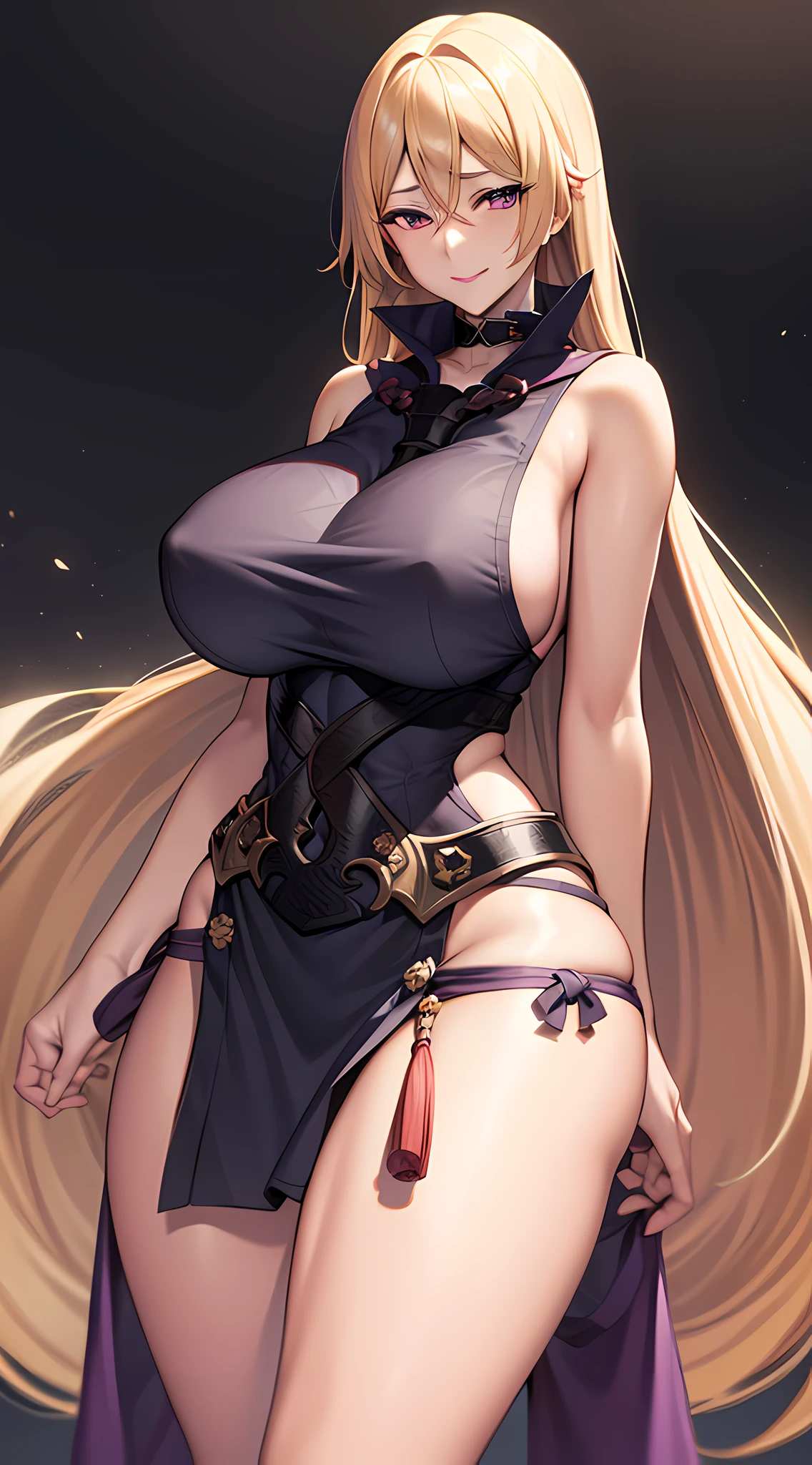 Flaxen torn cape, white sleeveless shirt, long untied hair, pinched eyes, big tits, thick thighs, white panties, (dark black one-piece stockings: 1.6), dark purple hip skirt, collar, smile