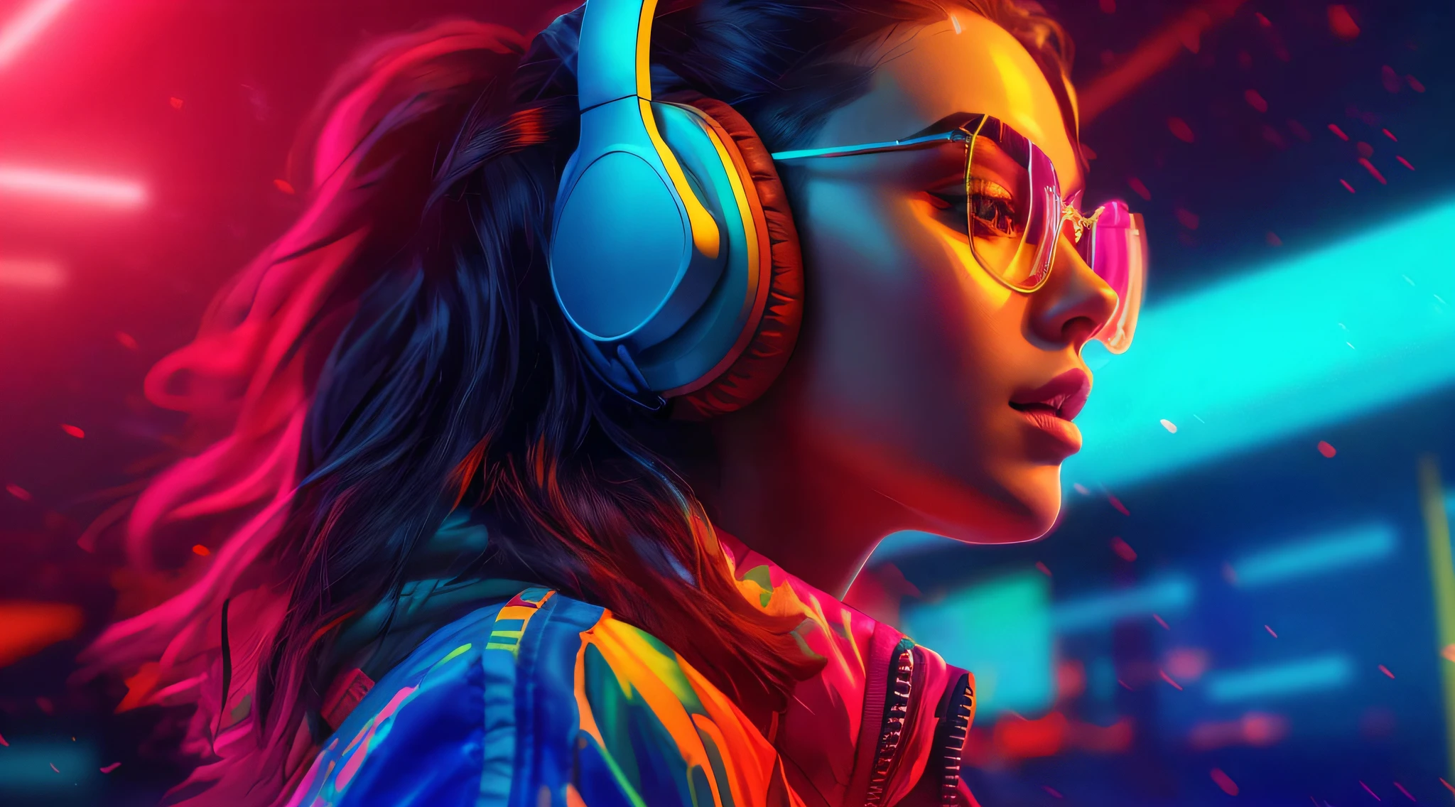 a woman wearing headphones and a jacket in a neon photo, headphones dj rave, girl wearing headphones, cyberpunk vibrant colors, neon cyberpunk vibrant colors, hq 4k phone wallpaper, phone wallpaper hd, high quality wallpaper, headphones, digital artwork 4 k, bright cyberpunk glow, wallpaper 4k, wallpaper 4 k, synthwave art, hd phone wallpaper, synthwave art style