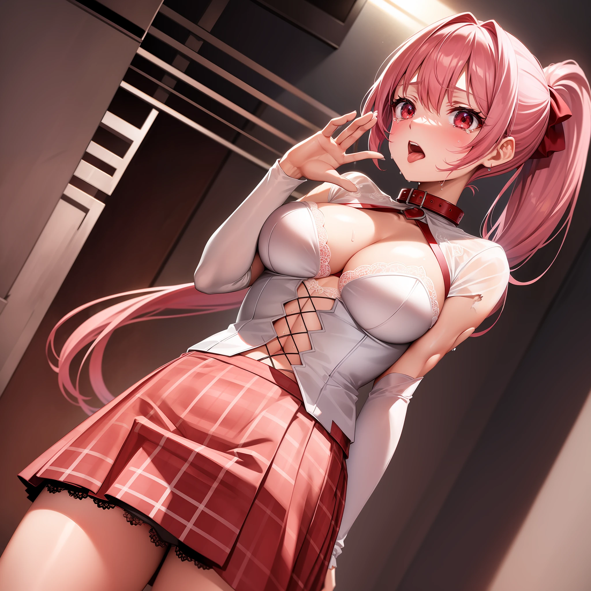 Solo, top quality, masterpiece, detailed background, very complex and detailed face, long eyelashes, detailed eyes, (high ponytail: 1.3), (red eyes: 1.3), (pink hair and white mesh: 1.2), big cleavage, slim, red collar, skirt, tartan check, sweat, backstage, embarrassing look, angle from below, white sheer lace underwear, torn clothes, tears, open hands, open mouth, crying, stick out your tongue, cornered in the corner of the room, crouch down