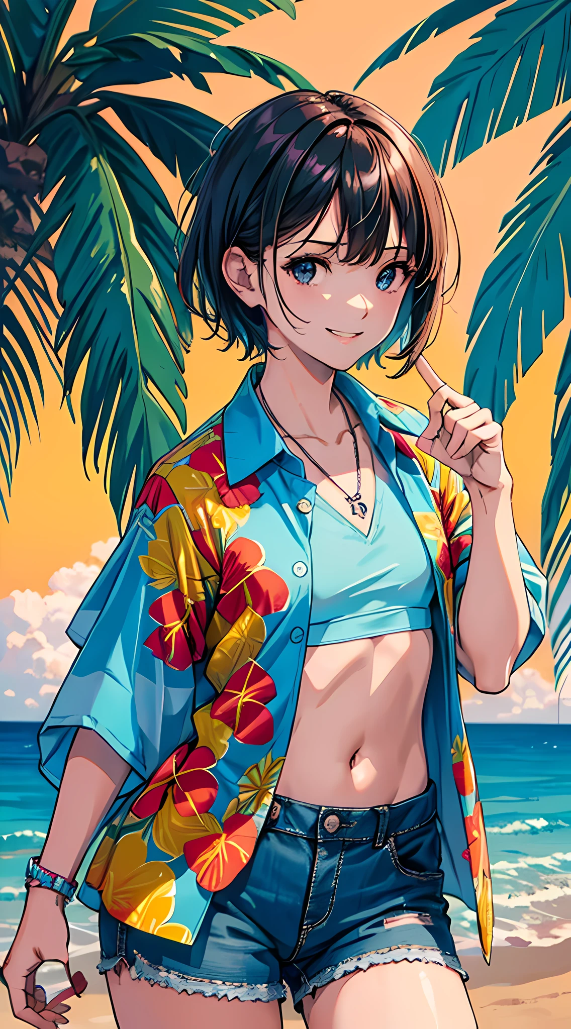 (short sleeve hawaiian shirt, aloha shirt:1.3), (open shirt, smile:1.4), masterpiece, best quality, cowboy shot, denim hotpants, thighs, beautiful girl, beach, blue sky and sea, looking at viewer, small waist, 8k, official art, raw photo, incredibly absurdres, facelight, dynamic lighting, cinematic lighting, bikini top, ultra realistic, highres, photography, film grain, chromatic aberration, sharp focus, highest detailed, palm tree, extreme detailed, ultra detailed, finely detail, extremely detailed eyes and face