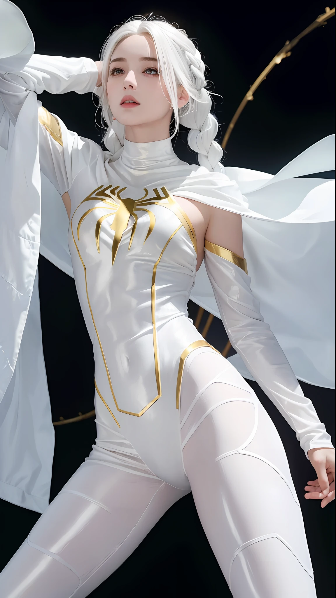 Excellent, masterpiece, white hair, golden eyes, white Spider-Man suit, looking up, hair, fair skin, side braids, supine position, legs apart, clothes bulging