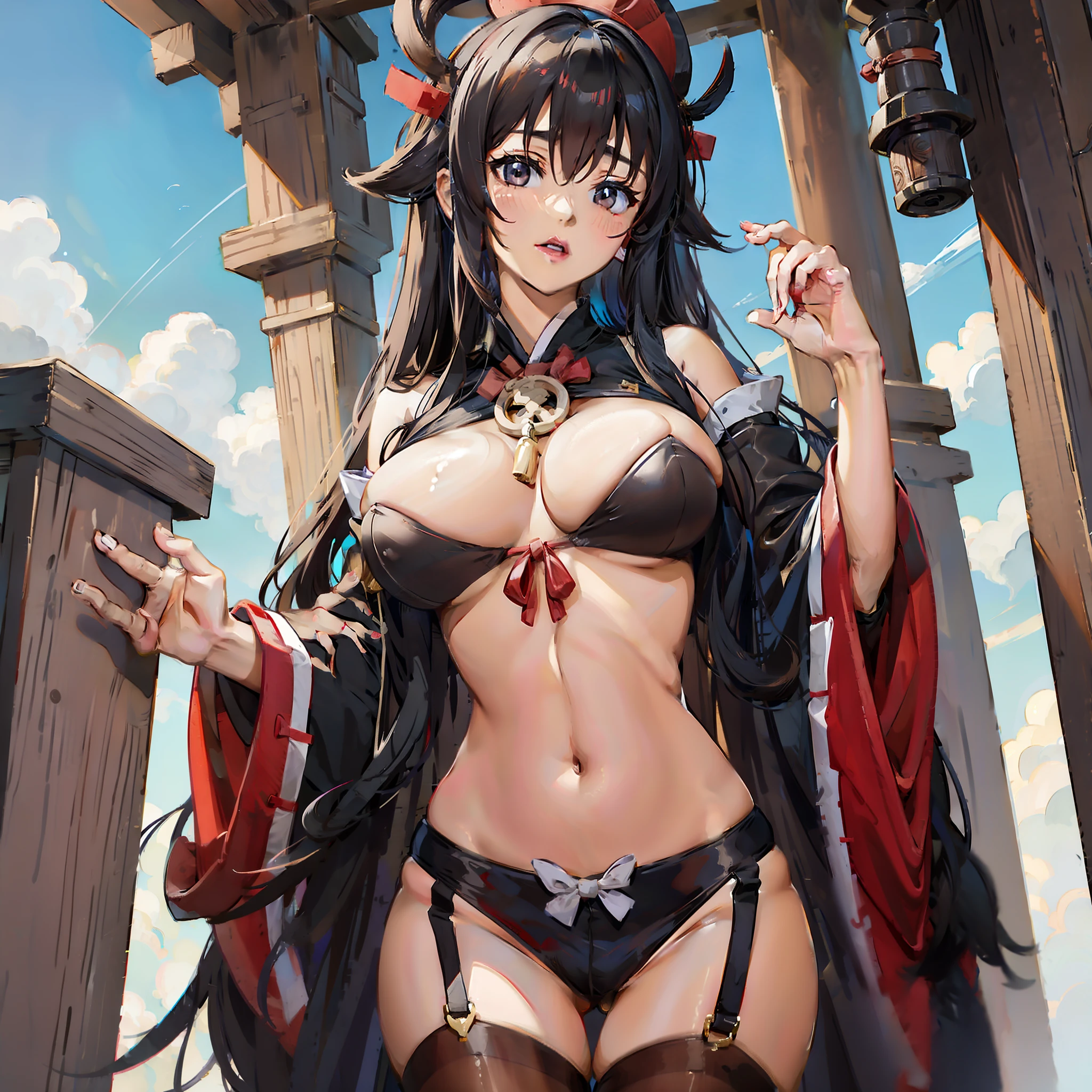 huge breasts　shrine maiden　long black hair