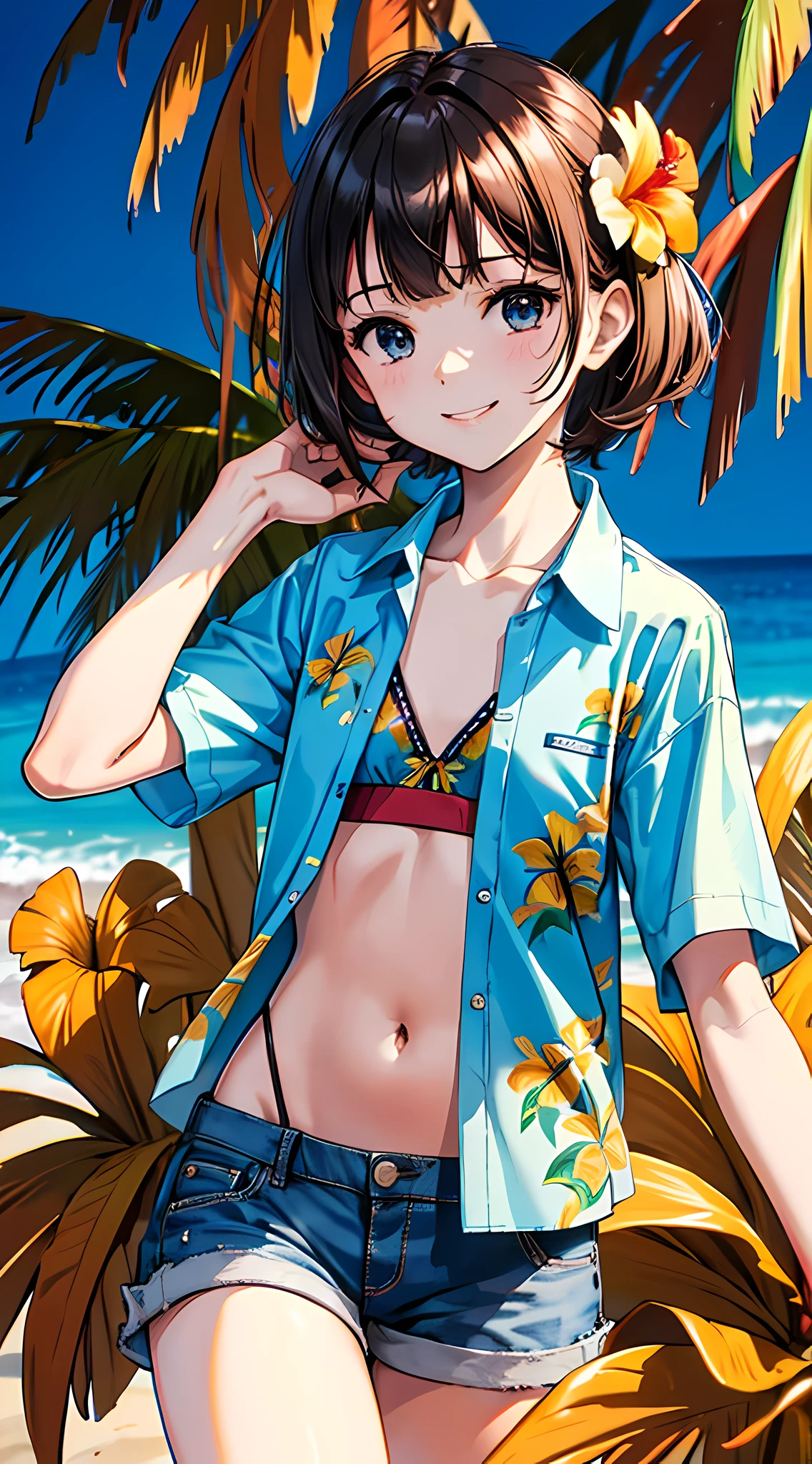 (short sleeve hawaiian shirt, aloha shirt:1.3), (open shirt, smile:1.4), masterpiece, best quality, cowboy shot, denim hotpants, thighs, beautiful girl, beach, blue sky and sea, looking at viewer, small waist, 8k, official art, raw photo, incredibly absurdres, facelight, dynamic lighting, cinematic lighting, bikini top, ultra realistic, highres, photography, film grain, chromatic aberration, sharp focus, highest detailed, palm tree, extreme detailed, ultra detailed, finely detail, extremely detailed eyes and face