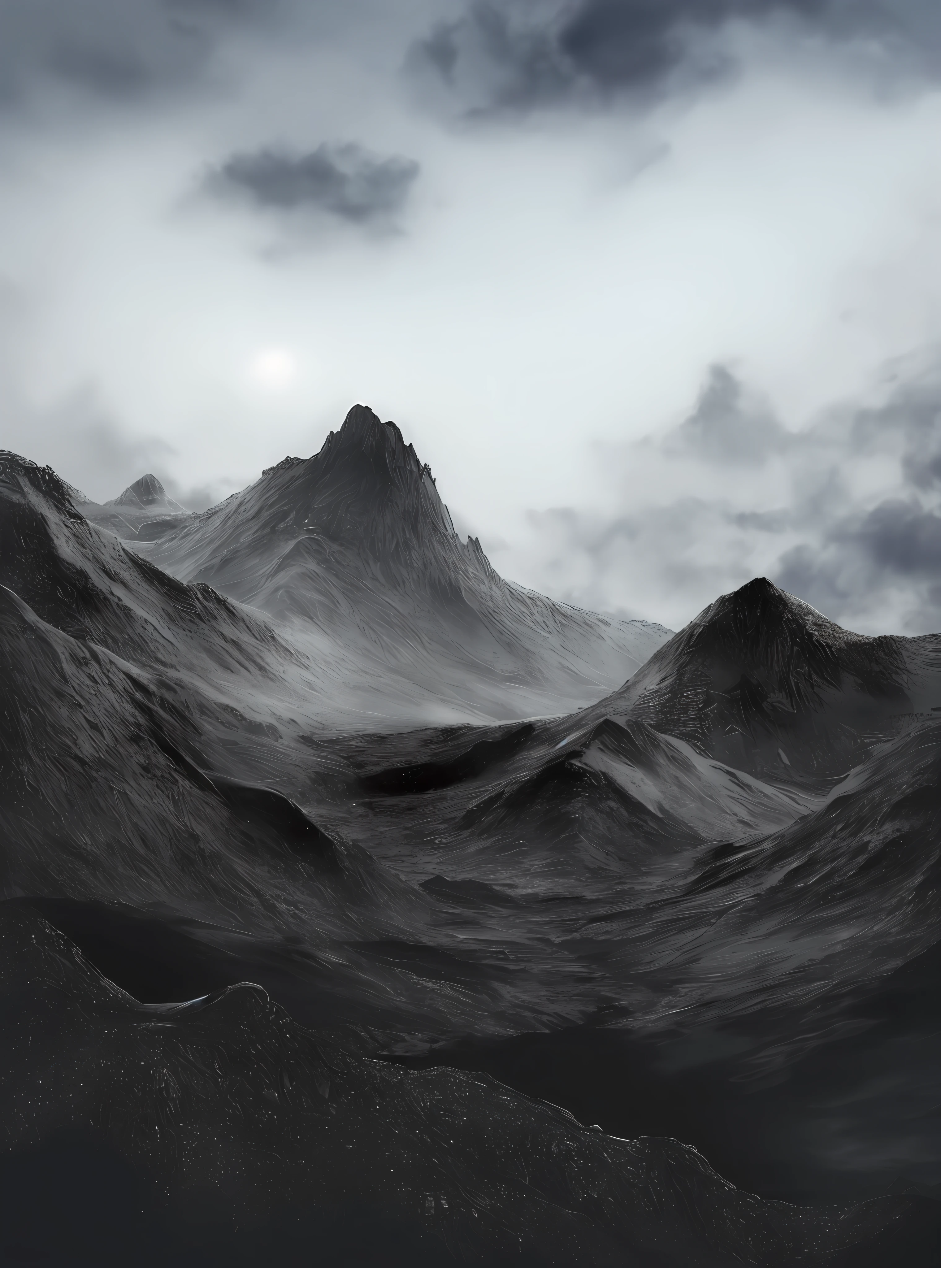 dark clouds are in the sky over a mountain range, beautiful dark landscape, dark landscape, dark mountains, beautiful dark creepy landscape, dark fantasy landscape, jagged metal landscape, dark scenery, dark mountain, sci-fi of iceland landscape, quixel megascans, eerie highly detailed, dark but detailed digital art, nicolas delort, beautiful render of a landscape