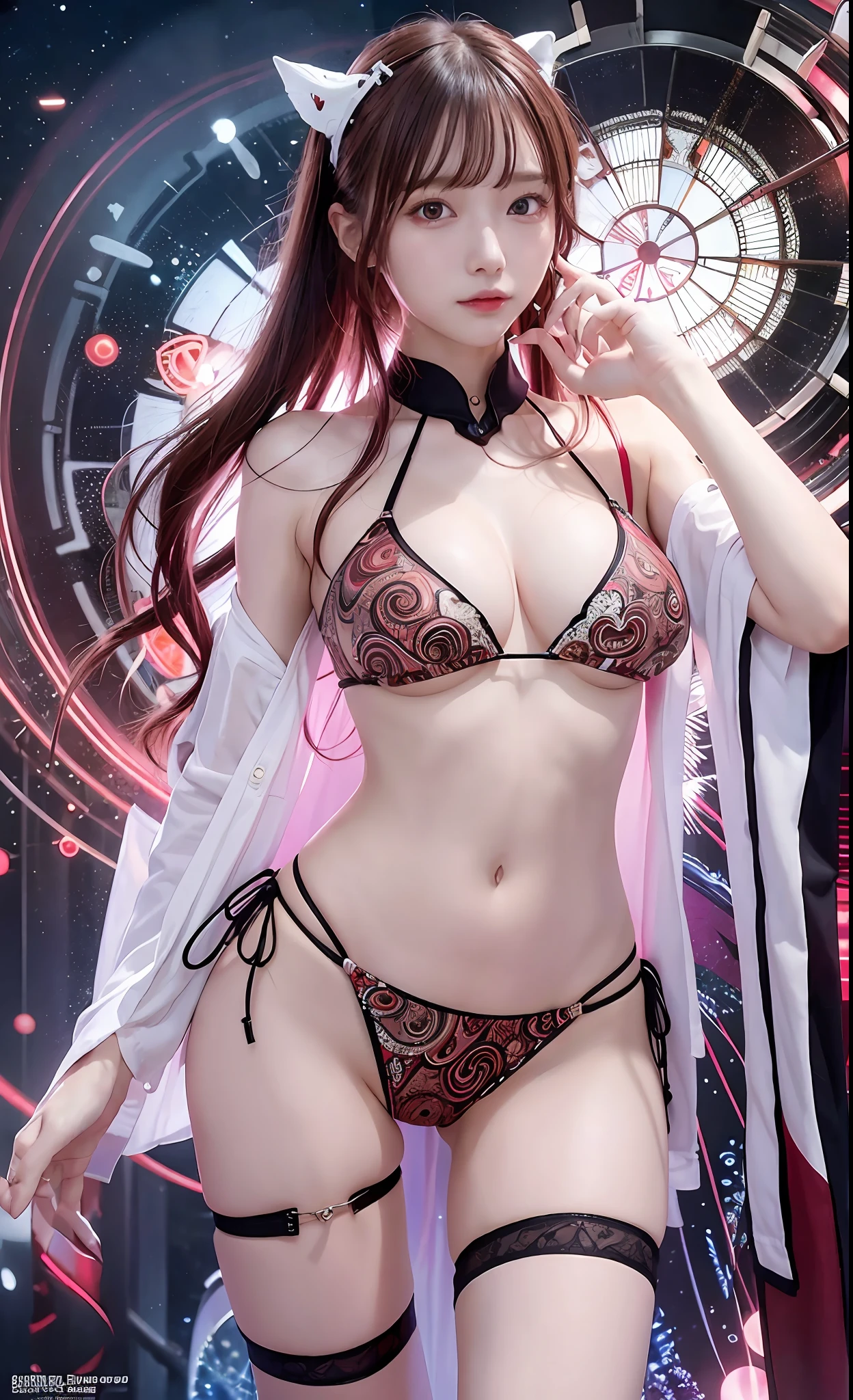 masterpiece, best quality, girls, slender, red eyes, hair color, white skin, medium breasts, cute, sexy, futuristic, bikini, skin exposed, night, psychedelic, super colored, paisley theme, open legs, full body