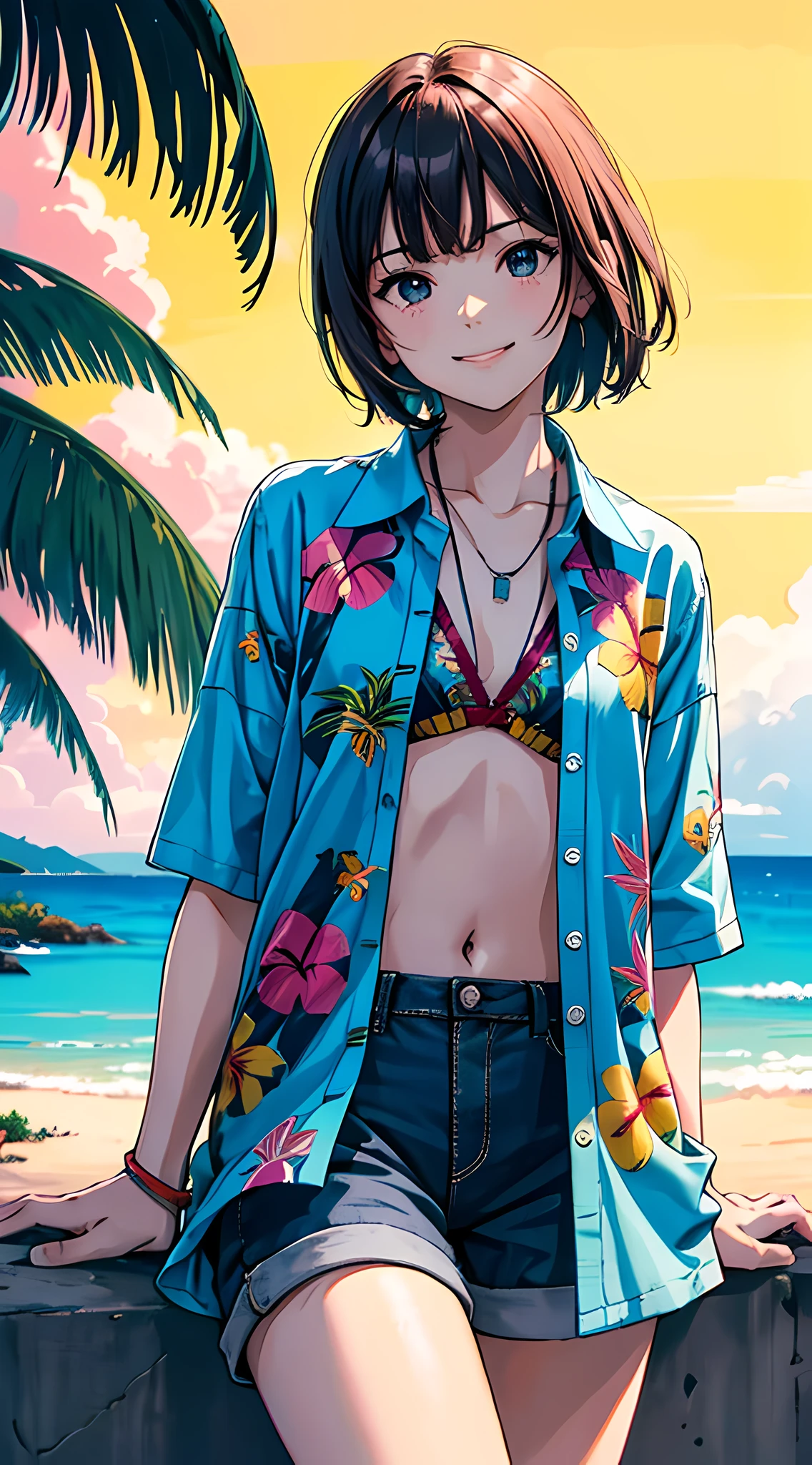 (short sleeve hawaiian shirt, aloha shirt:1.3), (open shirt, smile:1.4), masterpiece, best quality, cowboy shot, denim hotpants, thighs, beautiful girl, beach, blue sky and sea, looking at viewer, small waist, 8k, official art, raw photo, incredibly absurdres, facelight, dynamic lighting, cinematic lighting, bikini top, ultra realistic, highres, photography, film grain, chromatic aberration, sharp focus, highest detailed, palm tree, extreme detailed, ultra detailed, finely detail, extremely detailed eyes and face