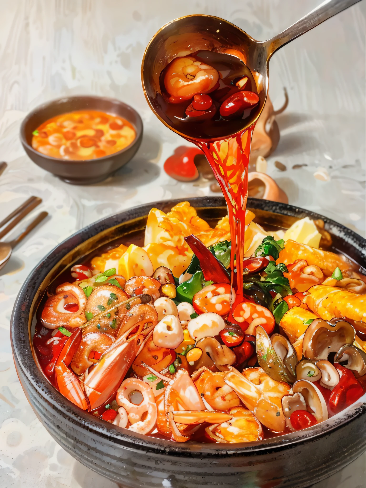 Close-up spicy mix, seafood mushrooms, small octopus, red oil, shrimp, green peppercorns, sixty-sixth century pepper, green vegetables, bok choy, tofu puffs, super realistic food pictures, the complete subject shown in the photo, a spoon is pouring into a bowl Red Oil, Randy Post, hyper realistic ", hyper realistic", high res photo