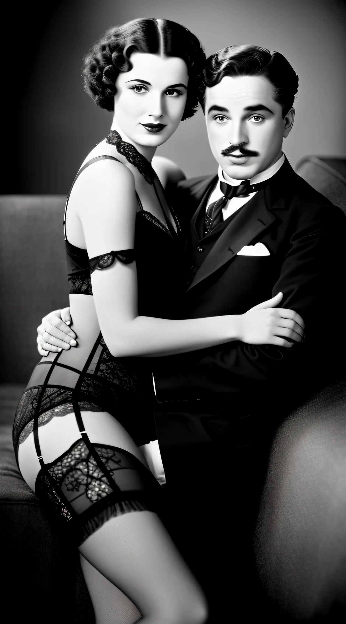 (vintage photography, grayscale, UHD:1.2), Charlie Chaplin in his iconic attire with a stunning 1920s actress, elegant, wearing 1920's lingerie, intricate lace detailing, sitting on a worn leather couch, casting set, warm studio lighting, (realistic style:1.1), rich textures, dramatic shadows, vintage Hollywood atmosphere.