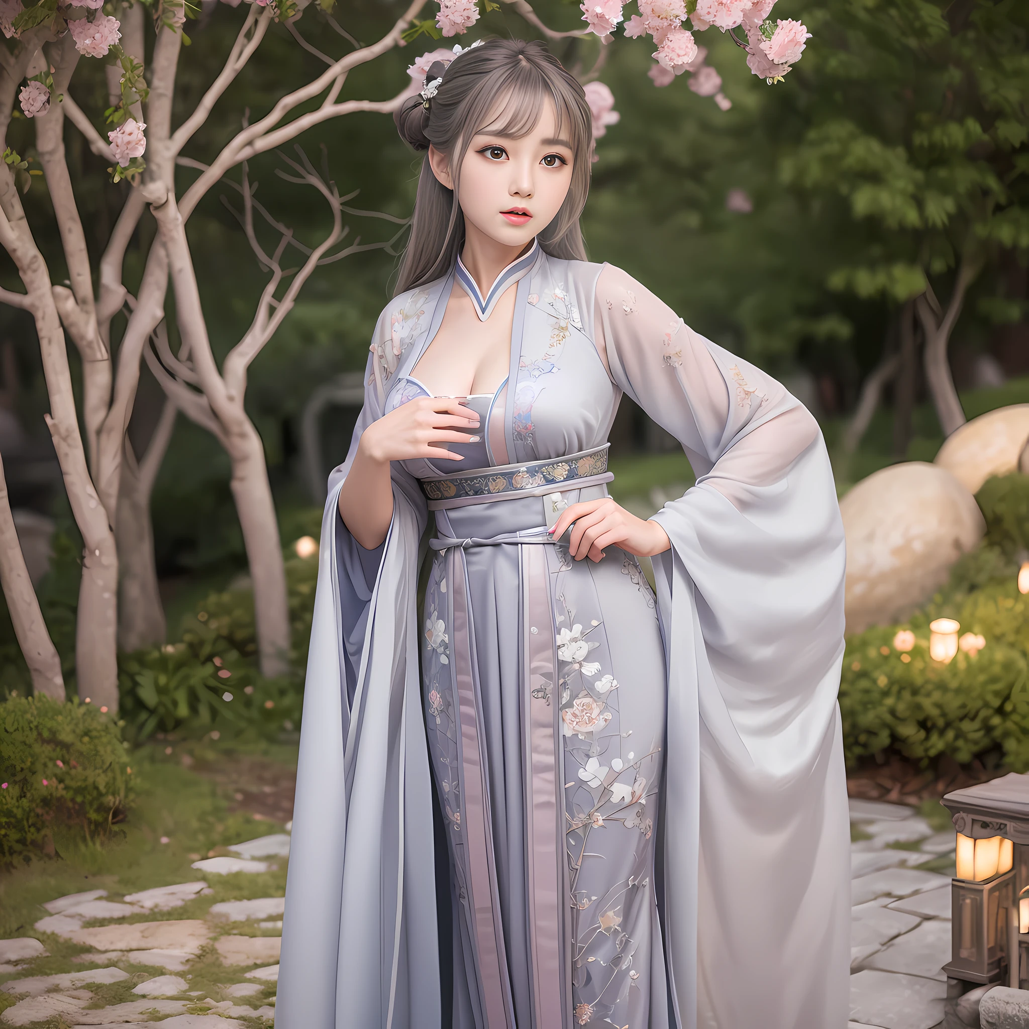 ulzzang-6500-v1.1,(raw photo:1.2),((photorealistic:1.4))best quality,masterpiece, illustration, an extremely decision and beautiful, extremely detailed,CG,unity,8k wallpaper, Amazing, finely detail, masterpiece, best quality, official art, very detailed CG unified 8k wallpaper, ridiculous, incredibly ridiculous, huge file size, super detailed, high resolution, very detailed, beautiful detailed girl, very detailed eyes and face, beautiful detailed eyes, light on face, movie lights, ((hanfu)), 1girl, full body, full body photo, perspective, looking at the audience, ((gray hair)), ((bliss)), big breasts