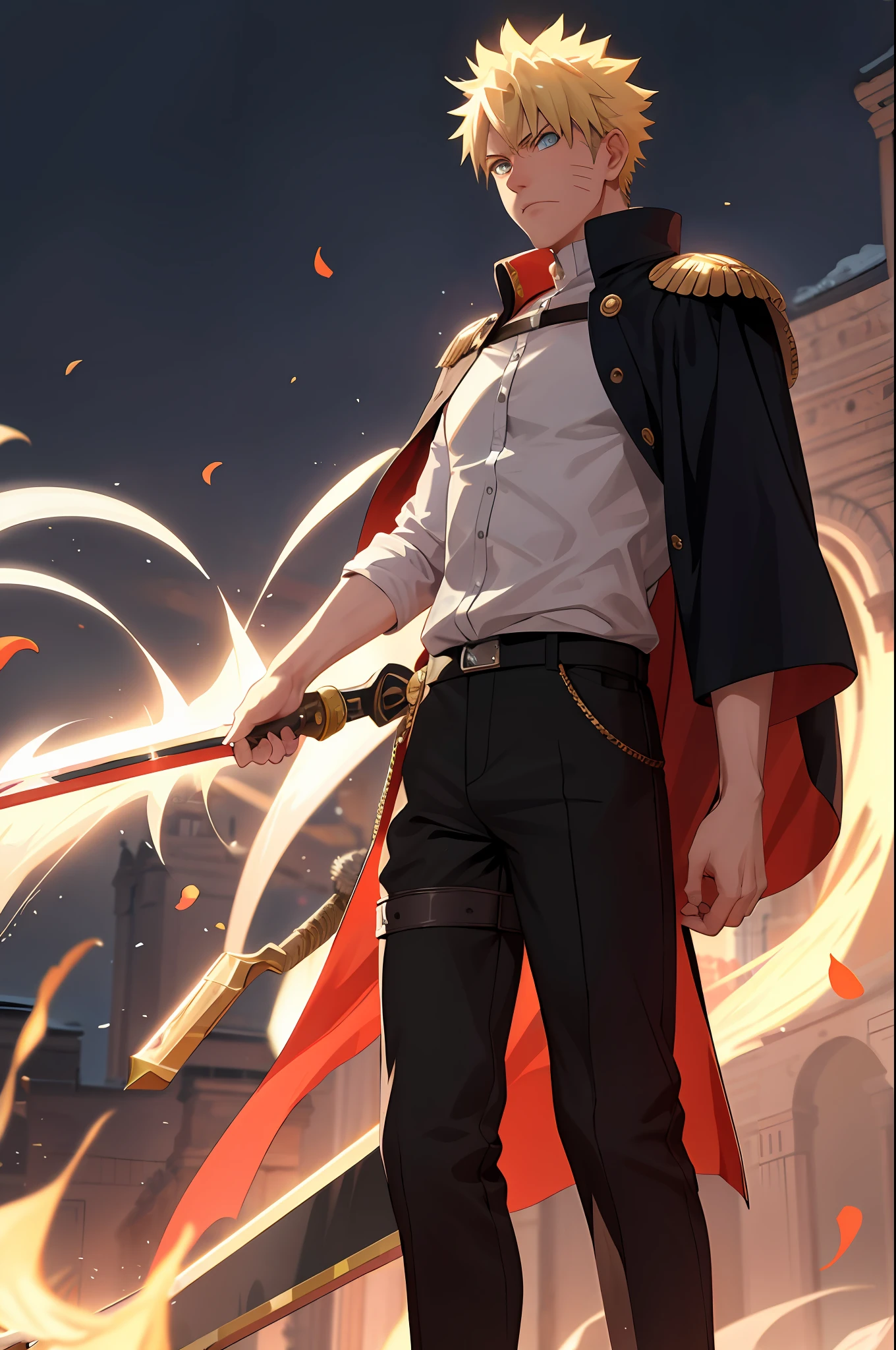 8k, best quality, masterpiece, highly detailed, semi realistic, 1 boy, mature male, 20 years old, yellow hair, short hair, curtain bangs, blue pupils, golden armor, black fluffy pants, golden iron boots, redblack fluffy brimmed cloak, wielding sword, knight, coronation ceremony,War, flames, bloodstains,Lily, petal rain,banner, uzumaki naruto, from front, masculine, tall, handsome
