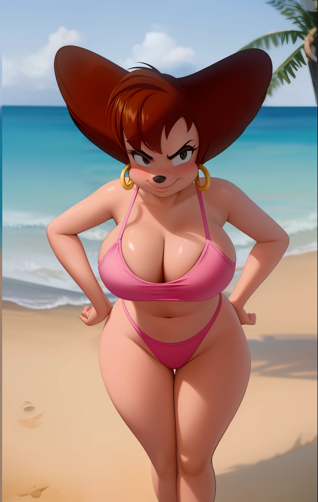 masterpiece, best quality, one girl, solo, detailed face, looking at the viewer, black eyes, gold hoop earrings, 4 fingers, seductive smile, detailed skin texture, (blush: 0.5), (goosebumps: 0.5), subsurface scattering, detailed skin texture, (blush: 0.2), (goosebumps: 0.3), sexual expression, portrait, pink swimsuit, breast teasing, high resolution, detailed beach background, detailed tummy, eyelashes, black nose,  sfw, Squad of Fools, Disney, character, anthro, detailed fingers, standing, angry blush, right hand on hip, left hand on thigh, pink panties