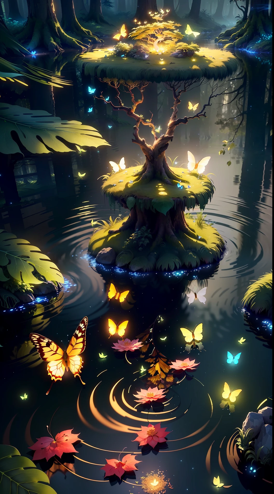 A masterpiece, the best quality, stunning reflections, the best reflections ever. (very detailed CG unity 8k wallpapers), (best quality), (best illustrations), (best shadows), forest theme with natural elements. Tall trees, quiet streams, small glowing mushrooms surrounded by delicate leaves and branches, with fireflies and glowing particle effects,, (natural elements), (jungle theme), (leaves), (twigs), (fireflies), butterflies, (delicate leaves), (glow), (particle effects). , Isometric 3D, Octane Rendering, Ray Traced, Super Detailed