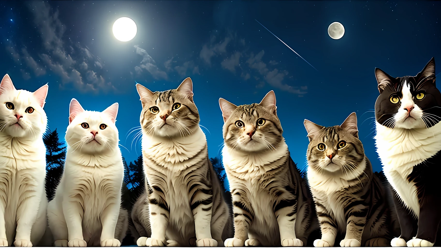 GoPro video of group fat badass cats, watching full moon, soft volume lights, various patterns