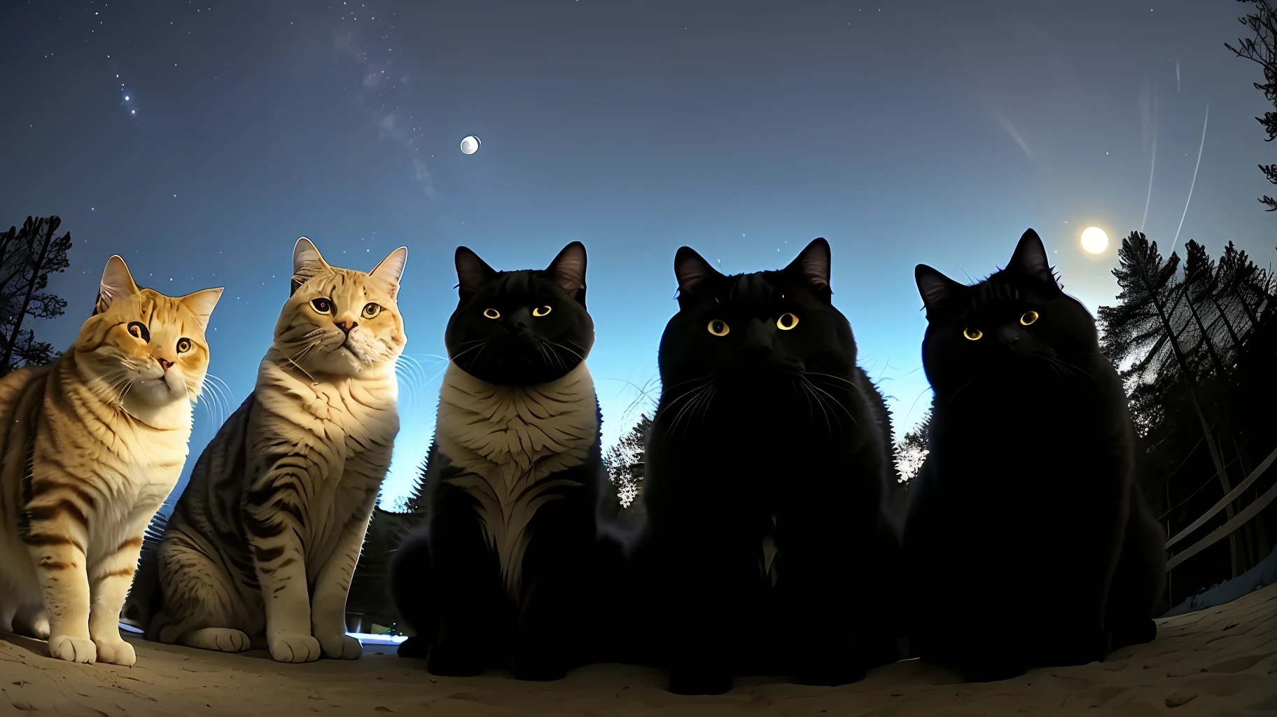 GoPro video of group fat badass cats, watching full moon, soft volume lights, various patterns
