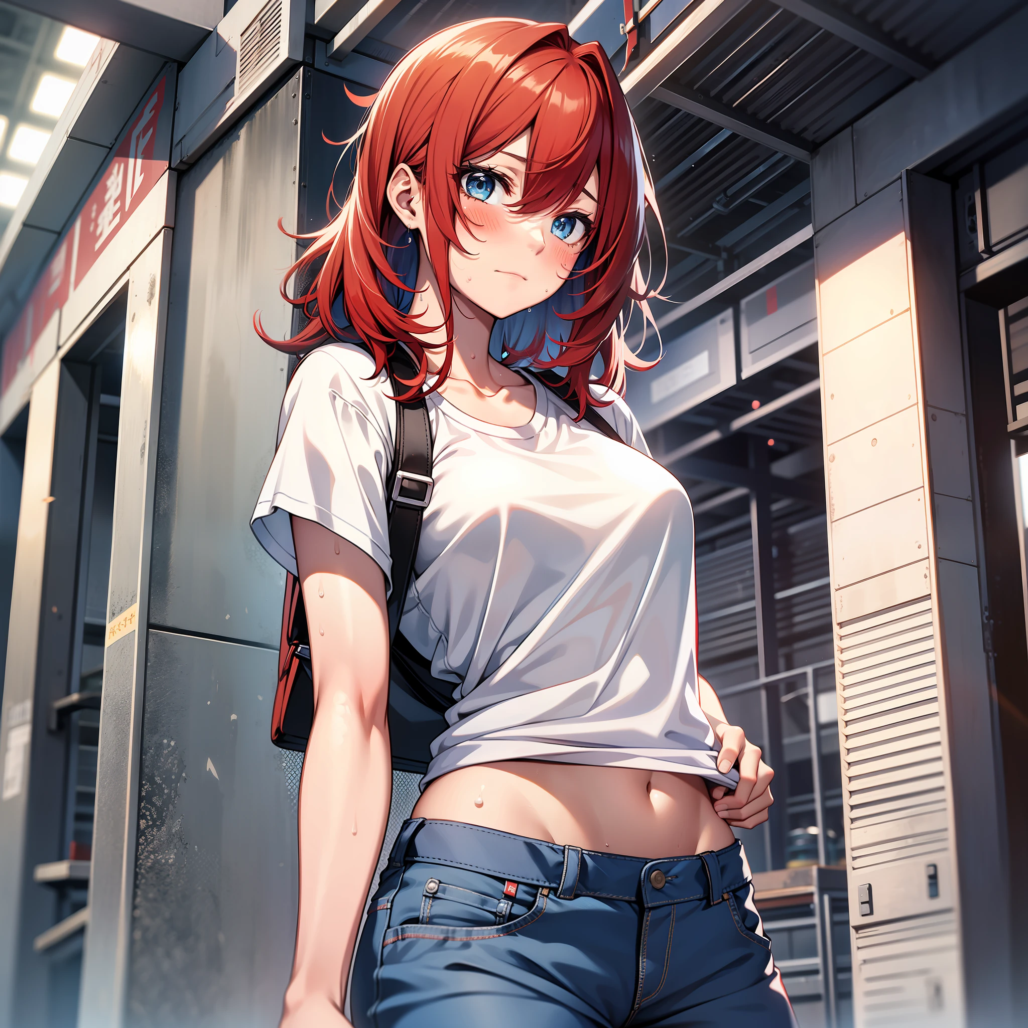 1girl,red hair,blue eyes,student,sweaty body,white t shirt,blue short pants,sport build,blushed,shy,normal hair
