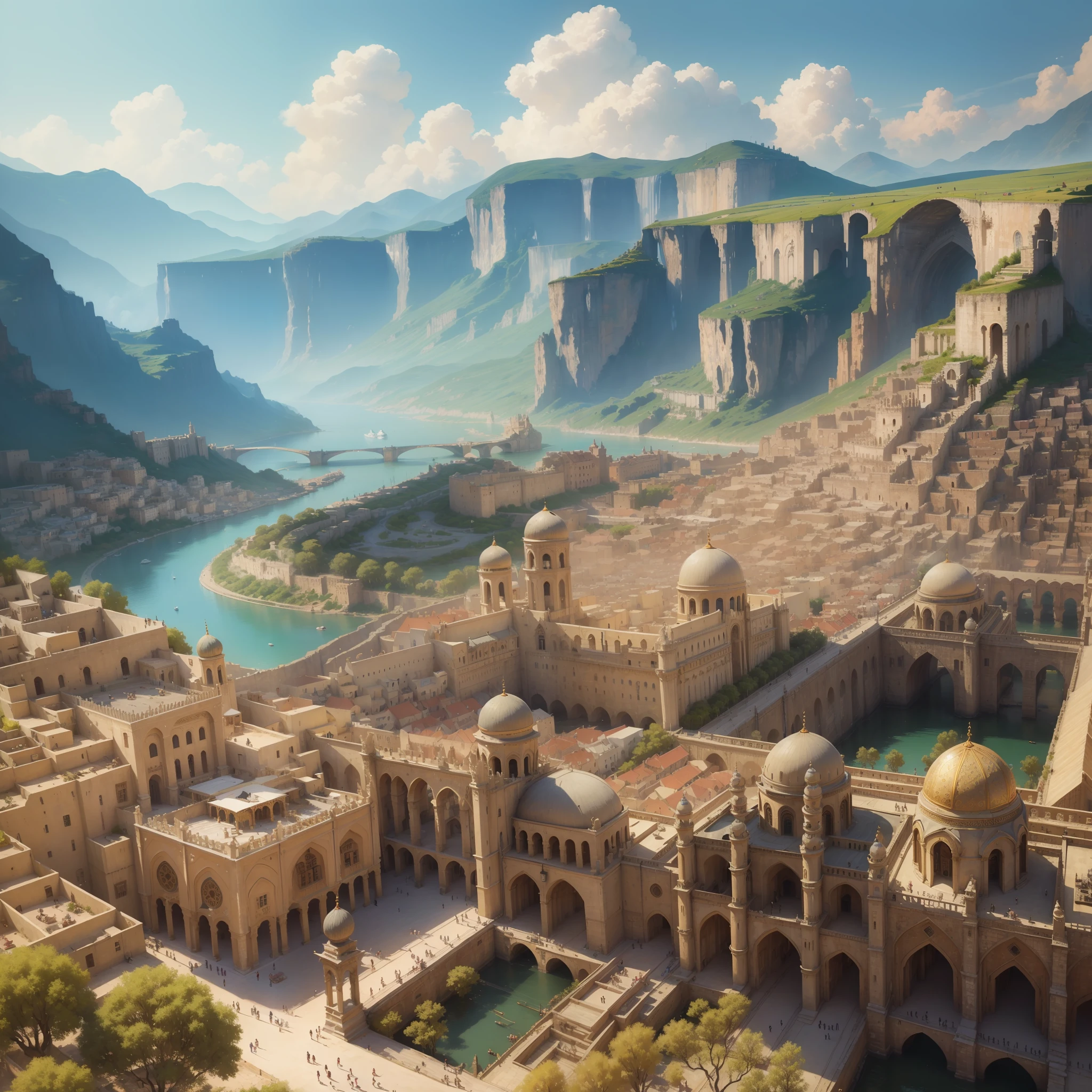 ((masterpiece)),((best quality)),((high detail)),((realistic,)) Babylon, deep gorges in the middle, architectural streets, bazaars, bridges, sunny day --auto --s2