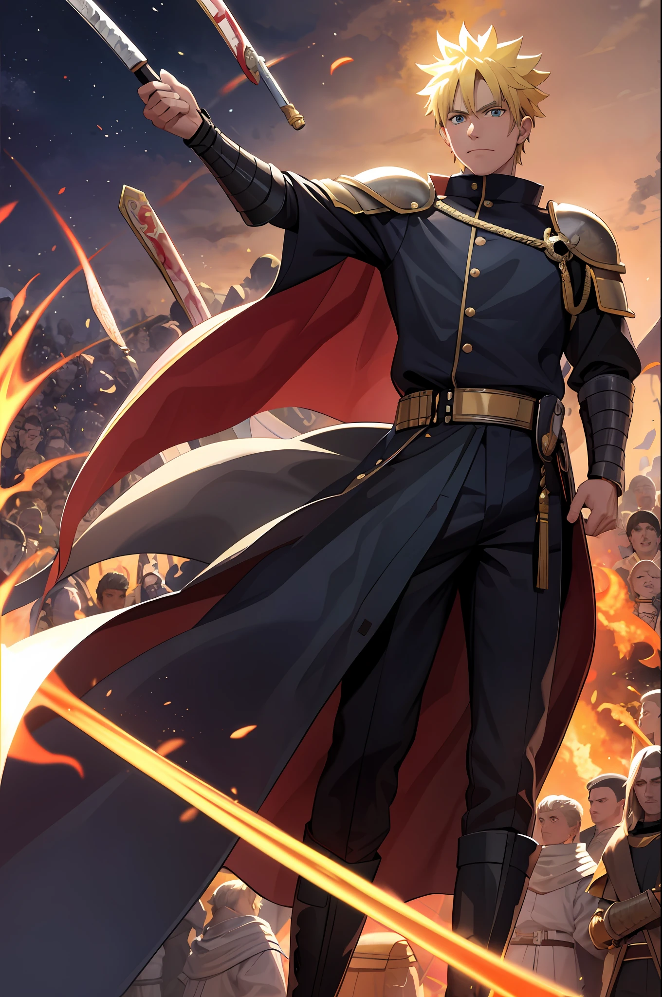 8k, best quality, masterpiece, highly detailed, semi realistic, 1 boy, mature male, 20 years old, yellow hair, short hair, curtain bangs, blue pupils, golden armor, black fluffy pants, golden iron boots, redblack fluffy brimmed cloak, wielding sword, knight, coronation ceremony，War, flames, bloodstains，Lily, petal rain，banner, uzumaki naruto,  from front,  masculine, tall, handsome