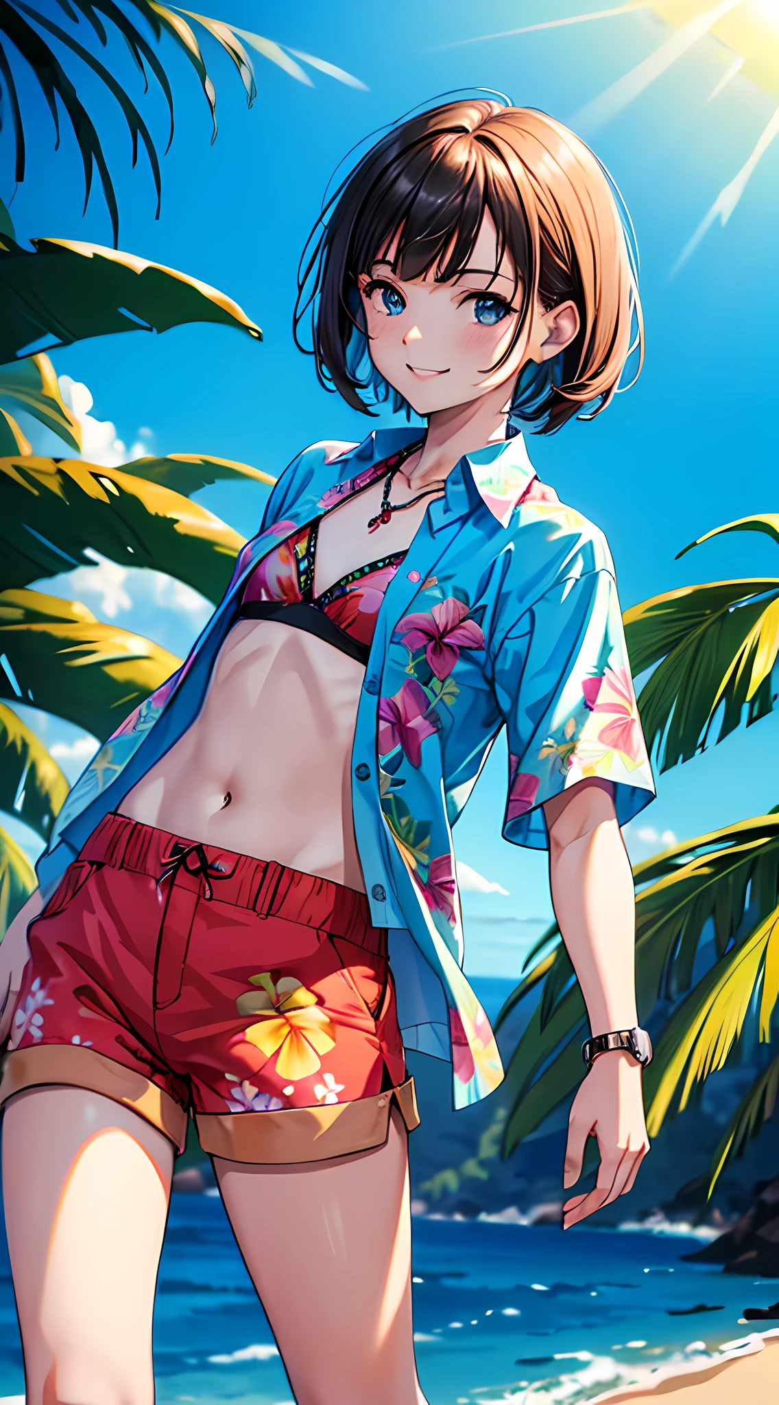 (short sleeve hawaiian shirt, aloha shirt:1.3), (open shirt, smile:1.4), masterpiece, best quality, cowboy shot, denim hotpants, thighs, beautiful girl, beach, blue sky and sea, looking at viewer, small waist, 8k, official art, raw photo, incredibly absurdres, facelight, dynamic lighting, cinematic lighting, bikini top, ultra realistic, highres, photography, film grain, chromatic aberration, sharp focus, highest detailed, palm tree, extreme detailed, ultra detailed, finely detail, extremely detailed eyes and face