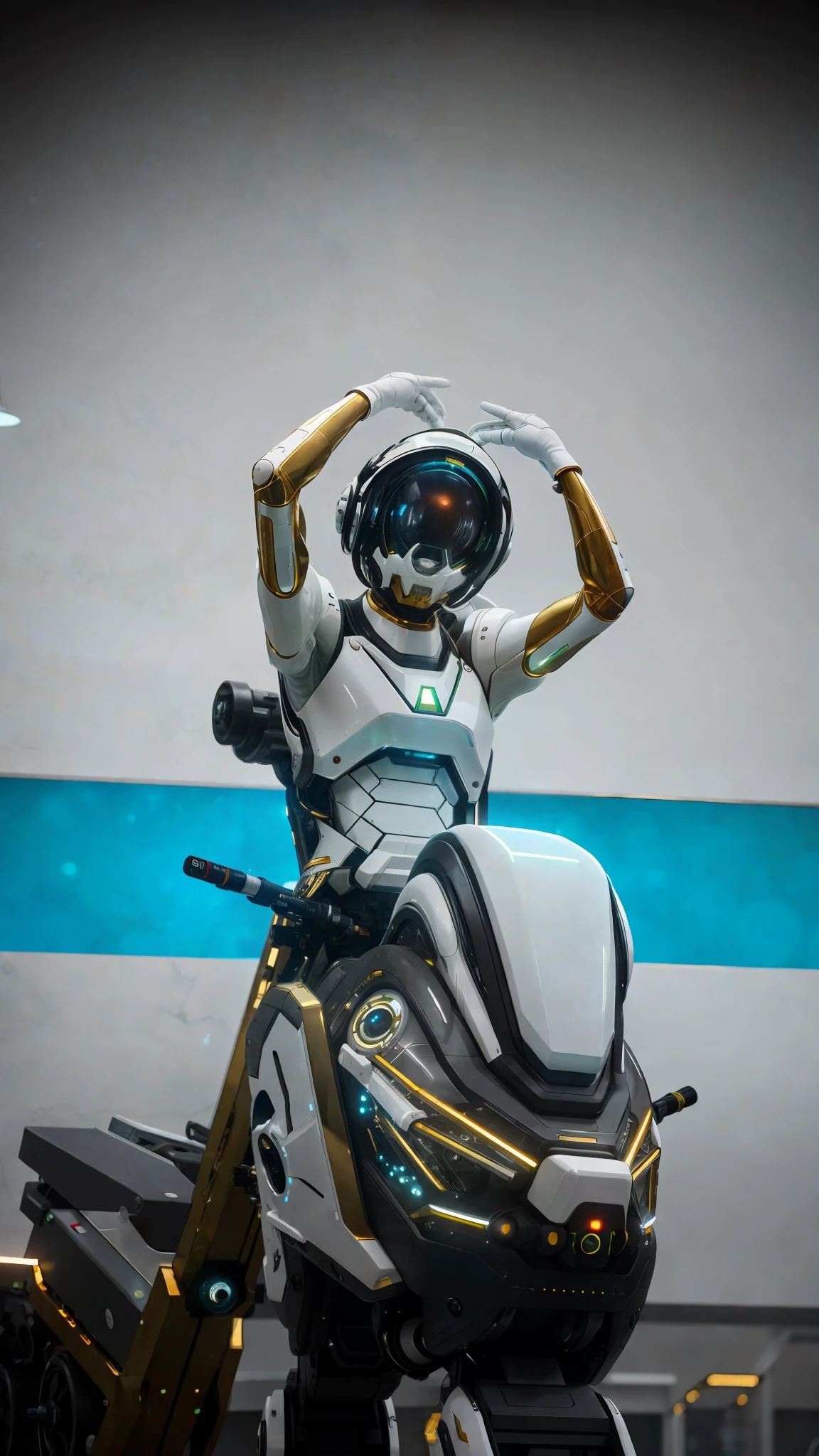 ivorygoldai, scifi futuristic bipedal mech in battle stance dramatic action view polished white ceramic armor, glossy carbon fiber, industrial frame with shiny gold metal inlay shallow depth-of-field (clean scifi laboratory dark granite background:1.1) (octane render:1.2) (masterpiece:1.2) (photorealistic:1.2) (bokeh) (best quality) (intricate details) (8k) (HDR) (cinematic lighting) (sharp focus) (dark theme:1.1) (Lens flare:0.8)