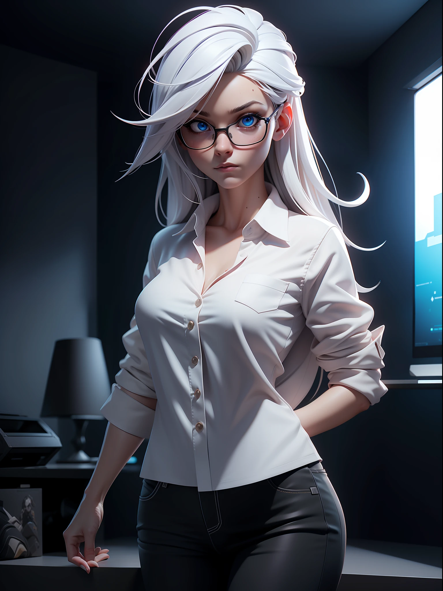 girl, short stature, thin build, unbuttoned white shirt, black panties, bedroom, daylight, bed, disheveled hair, white hair, long hair, blue eyes, freckles, glasses, pale skin, (bloom), Hyperdetailed, ArtStation, CGsociety, 8K, Surrealist, Zbrush, Unreal Engine 5, Bright Colors, Greg Rutkowski, Darksynth, Weta Digital, Focus, Octane Rendering, Super Sharp, Cinematic Light, High Quality, High Resolution, Style Smooth Color Manga Hayao, Photorealistic, High Detail, 8K, Trending Artstation, Octane Rendering, Cinematic Lighting, 3D Rendering, Vray Caustics, Volumetric Lighting, Dark Atmosphere, Moody Colors, Sense of Awe, Concept Art, Unreal Engine 5 Rendering, Cinematic Center Shot, Hyper Realistic, Ultra Detailed;