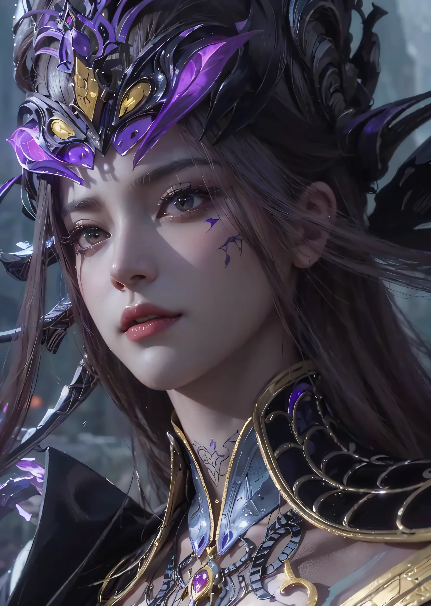 a close up of a woman with a purple and black costume, shadowbringers cinematic, 4 k detail fantasy, a beautiful fantasy empress, game cg, xianxia fantasy, xianxia hero, 2. 5 d cgi anime fantasy artwork, cinematic goddess close shot, ruan jia and artgerm, wow 4 k detail fantasy, hyperdetailed fantasy character