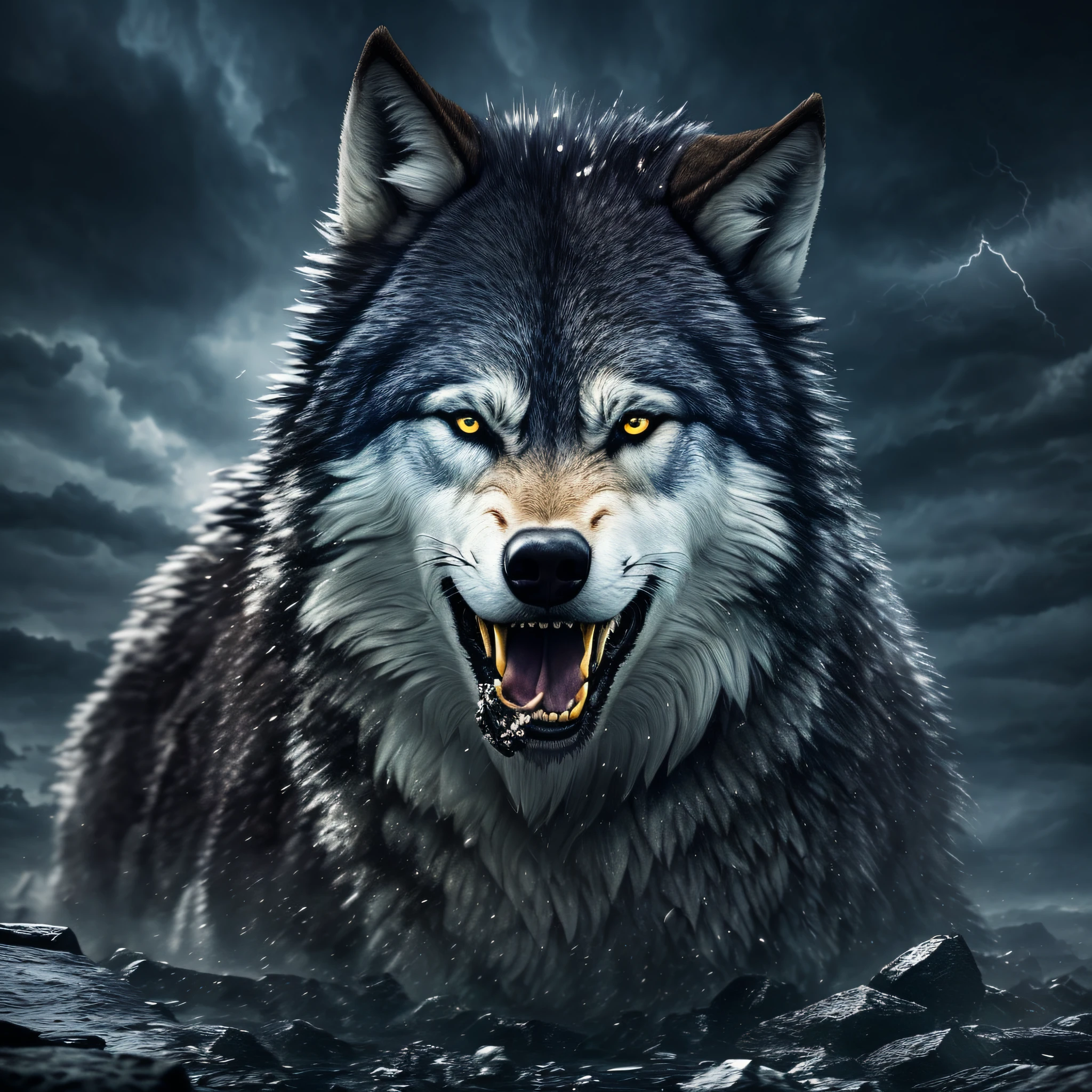 God Wolf, surreal, tense, cold, highly detailed, sharp, professional, 8k UHD, film, dark, violent, outdoors, river, battle, chase, dramatic, vivid, tense atmosphere, rendering, epic, twilight, HDR, album cover, blizzard, lightning, disaster, WL letters inside your mouth. --auto --s2