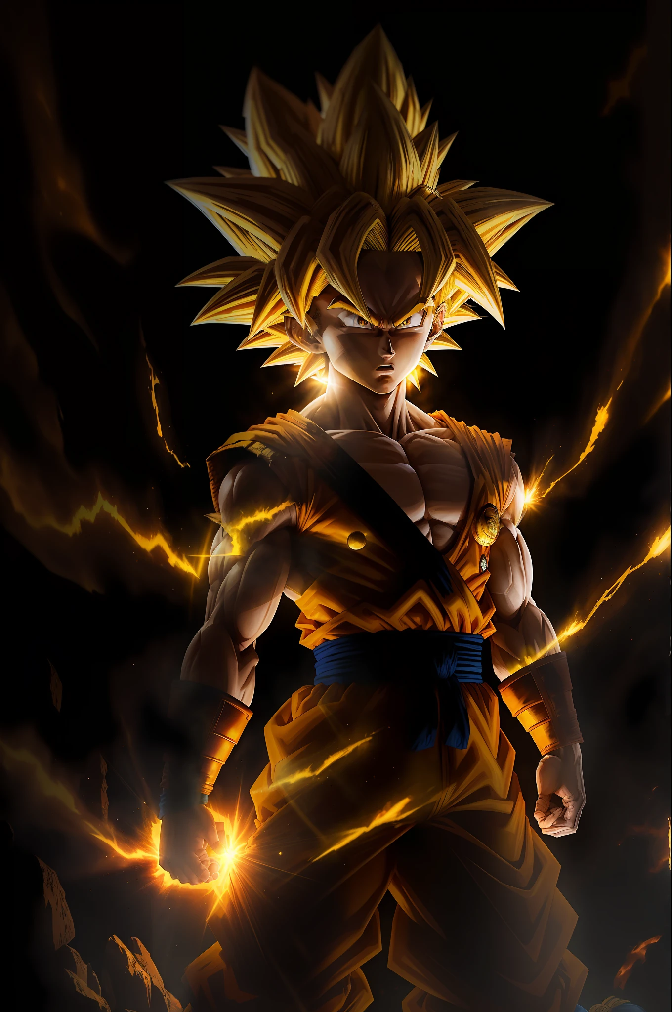 Masterpiece, best quality, Goku, Super Saiyan, yellow hair, with light faicha around
