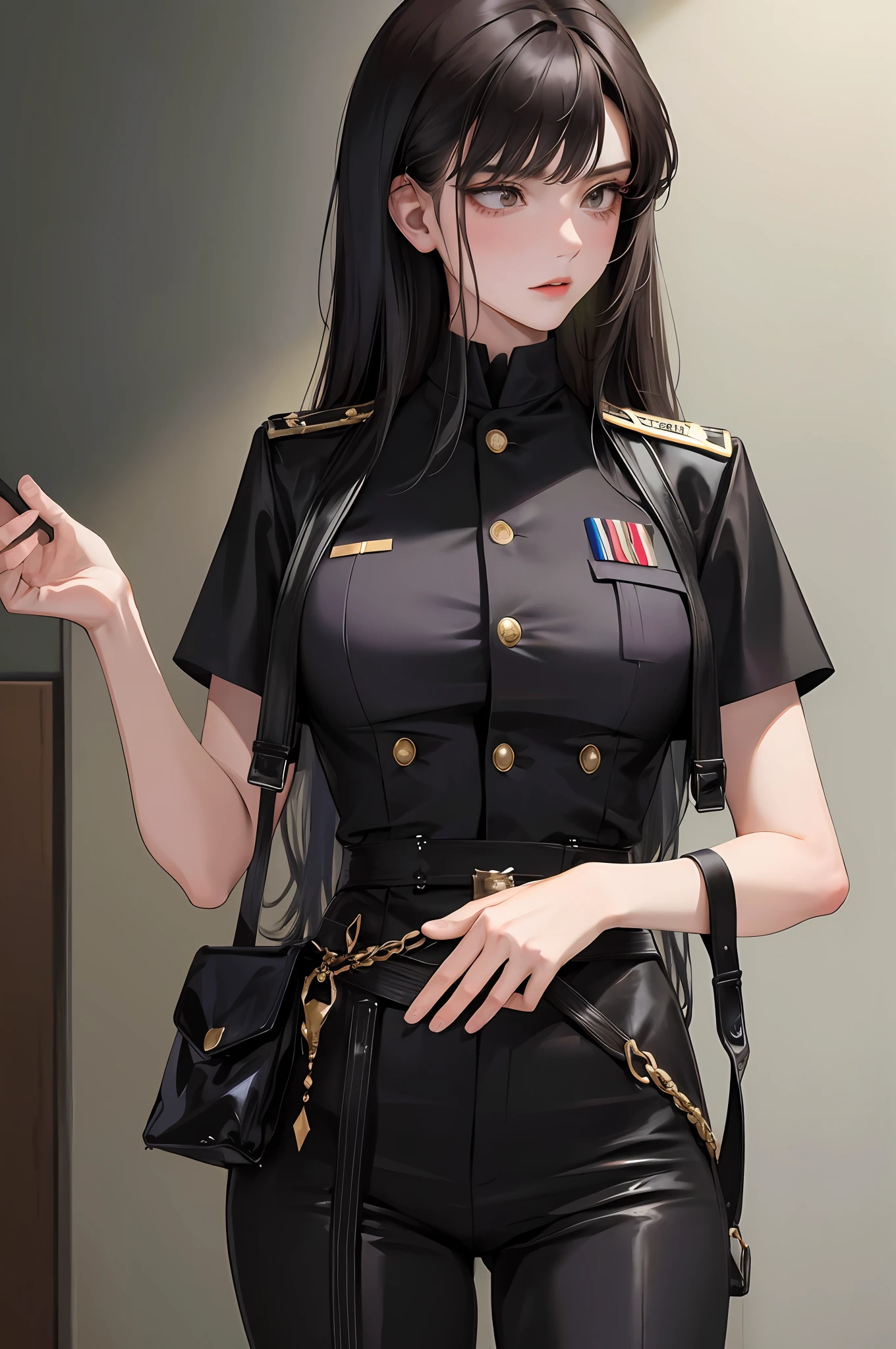 (highest resolution, distinct_image) best quality, a woman, solo, masterpiece, highly detailed, semi realistic, black cropped, black hair, bangs, 18 years old, mature, young, tall strong, black clothing, black uniform, pants , military uniform, military academy, indoor background, cold, serious, tall, handsome, autocratic, powerful, exquisite facial features, exquisite facial features