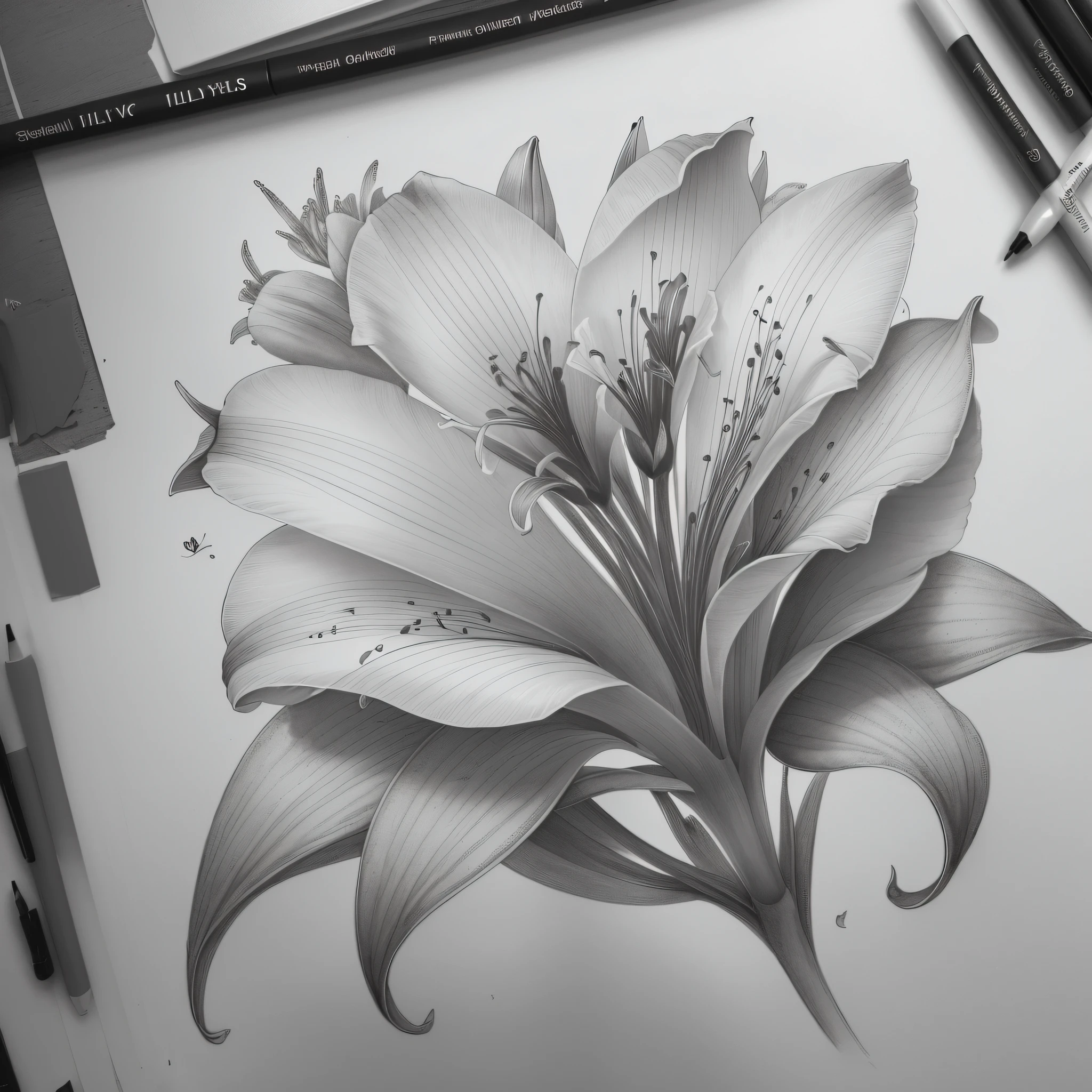 drawing of a flower in a t-shirt, lily, lily flower, silver and crimson ink, lilies, on gray paper sketch ink style, lillies, ink style, ink wash, lily flowers, botanical, realistic shading, flower, shaded ink illustration, rubrum lillies, beautiful image, desaturated color, representing a flower, drawn with photoshop --auto --s2