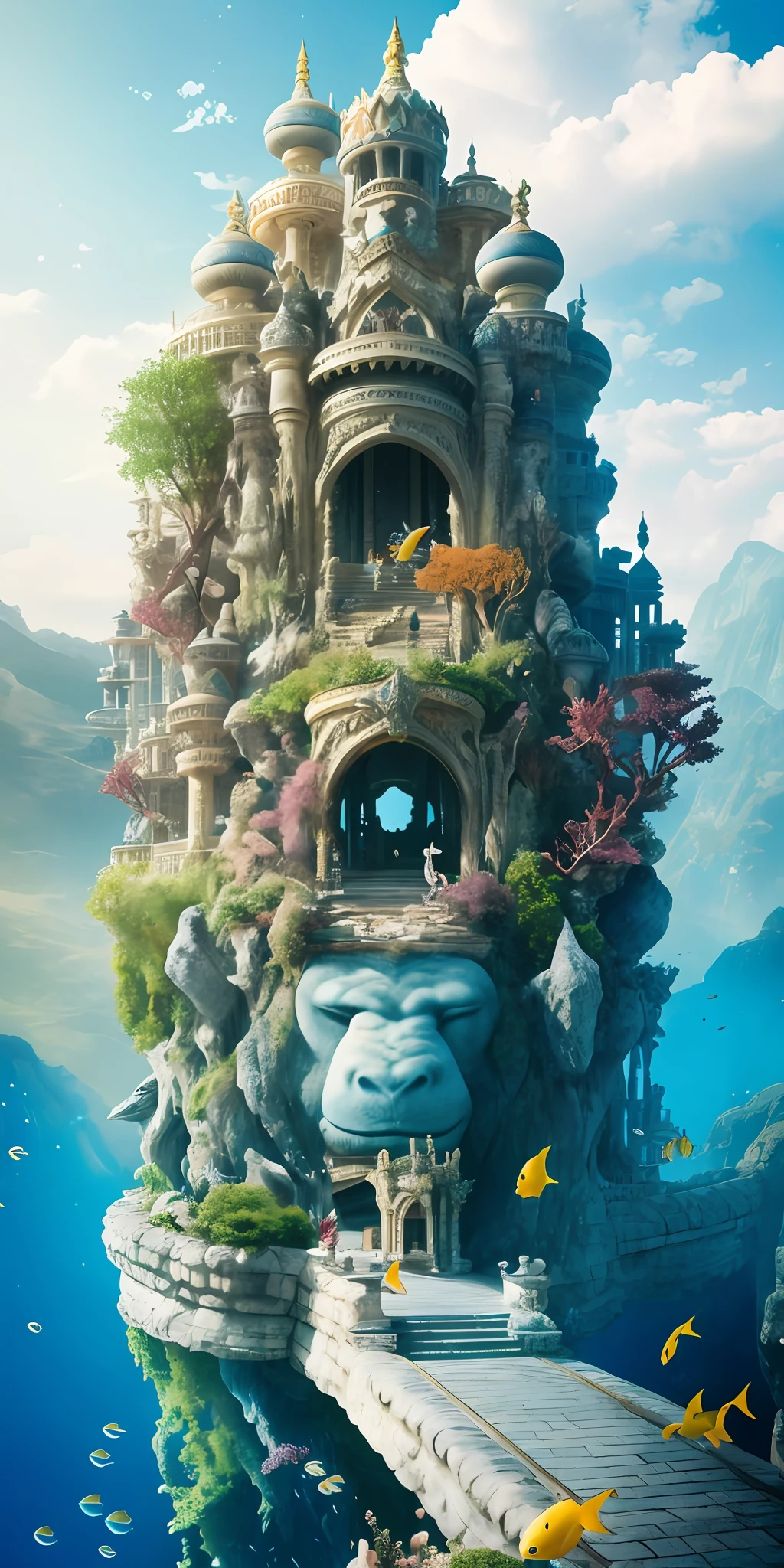 The palace of the underwater world is built on the mountain, and a huge stone gorilla guards in front of the palace, showing the majesty of the king. The interior layout of the palace is exquisite, and the dragon pillars are carved with lifelike mysterious creatures, as if listening to everything in the palace. Every corner exudes a different atmosphere, there is a quiet river, and a quiet garden, with bright lights, shining like a starry sky. All kinds of fish swimming in the water are dancing, and the colorful corals and shells are like works of art, adorning the entire underwater world palace. Here, it seems to have traveled to a mysterious and wonderful kingdom. Countless fish, sharks, turtles, and bubbles floating around