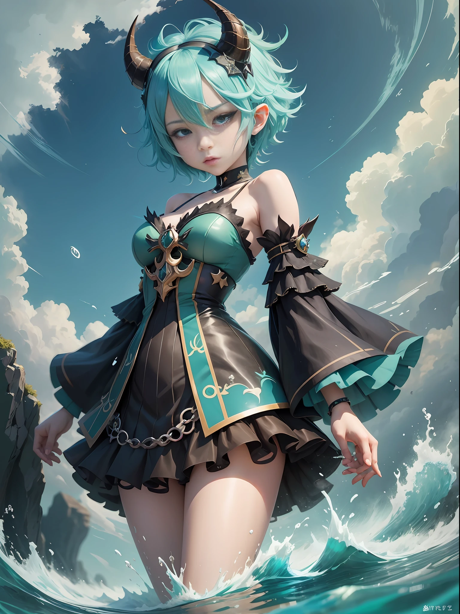 Anime characters with horns and horns on their heads, detailed anime character art, popular on ArtStation pixiv, girl design horns, Genshin impact characters, anime character art, anime girls with blue-green hair, sky blue, delicate hair, Genshin, short hair, water clear is shallow, water green is deep, water black is abyss --auto --s2