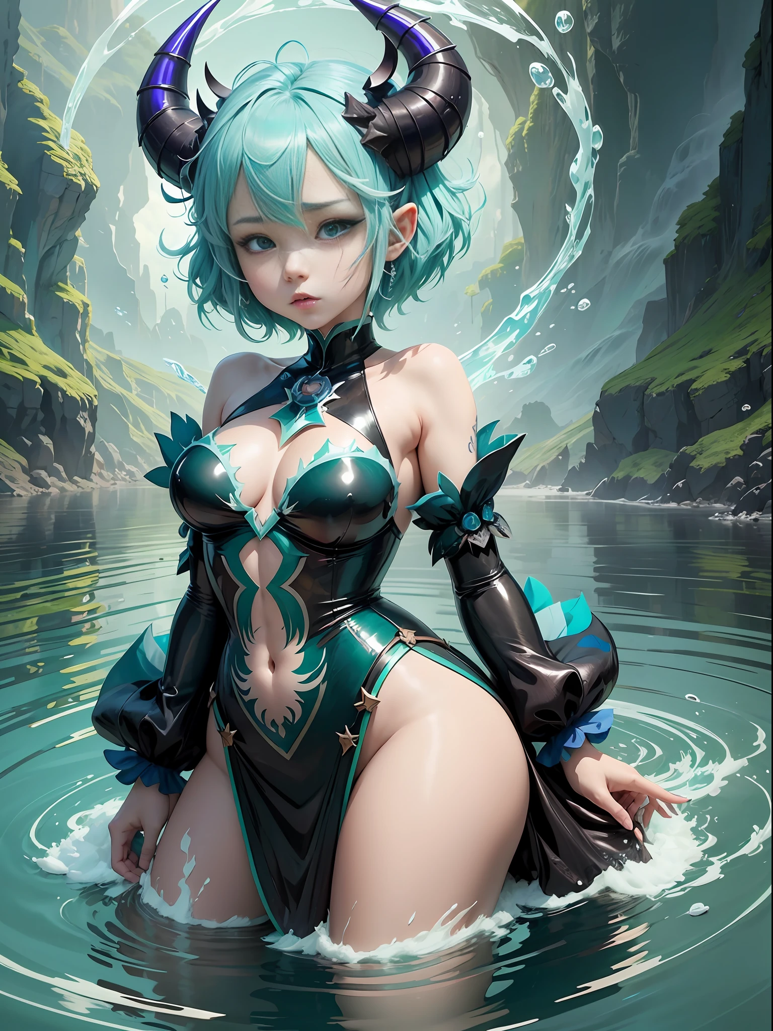 Anime characters with horns and horns on their heads, detailed anime character art, popular on ArtStation pixiv, girl design horns, Genshin impact characters, anime character art, anime girls with blue-green hair, sky blue, delicate hair, Genshin, short hair, water clear is shallow, water green is deep, water black is abyss --auto --s2