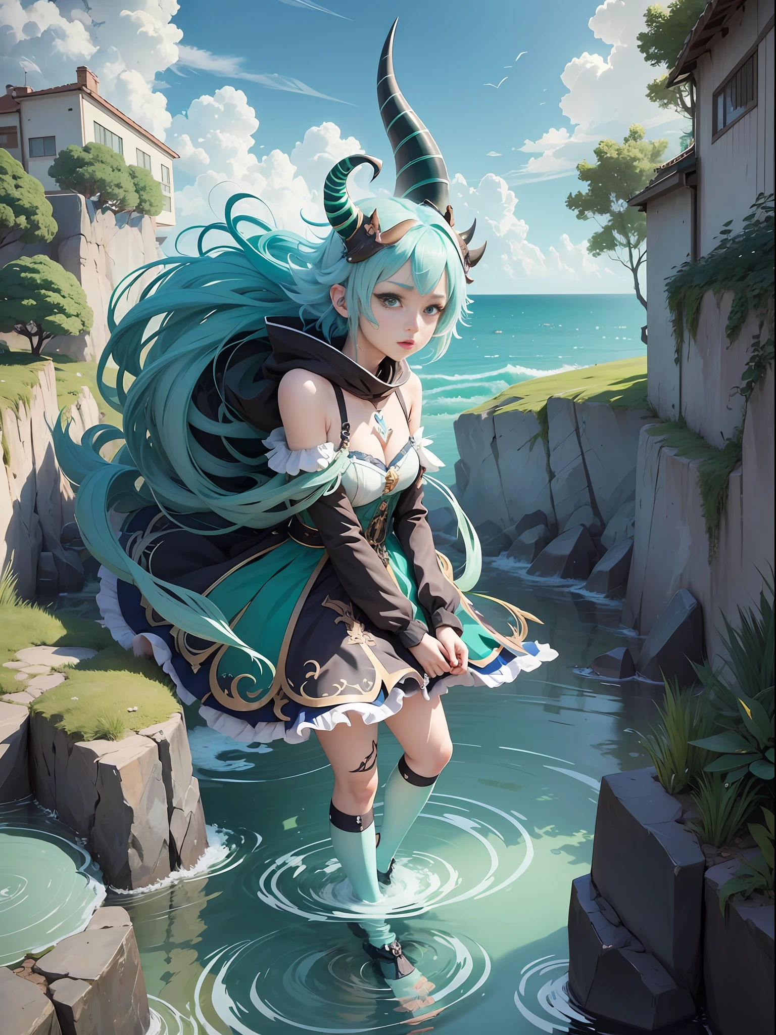 Anime characters with horns and horns on their heads, detailed anime character art, popular on ArtStation pixiv, girl design horns, Genshin impact characters, anime character art, anime girls with blue-green hair, sky blue, delicate hair, Genshin, short hair, water clear is shallow, water green is deep, water black is abyss --auto --s2