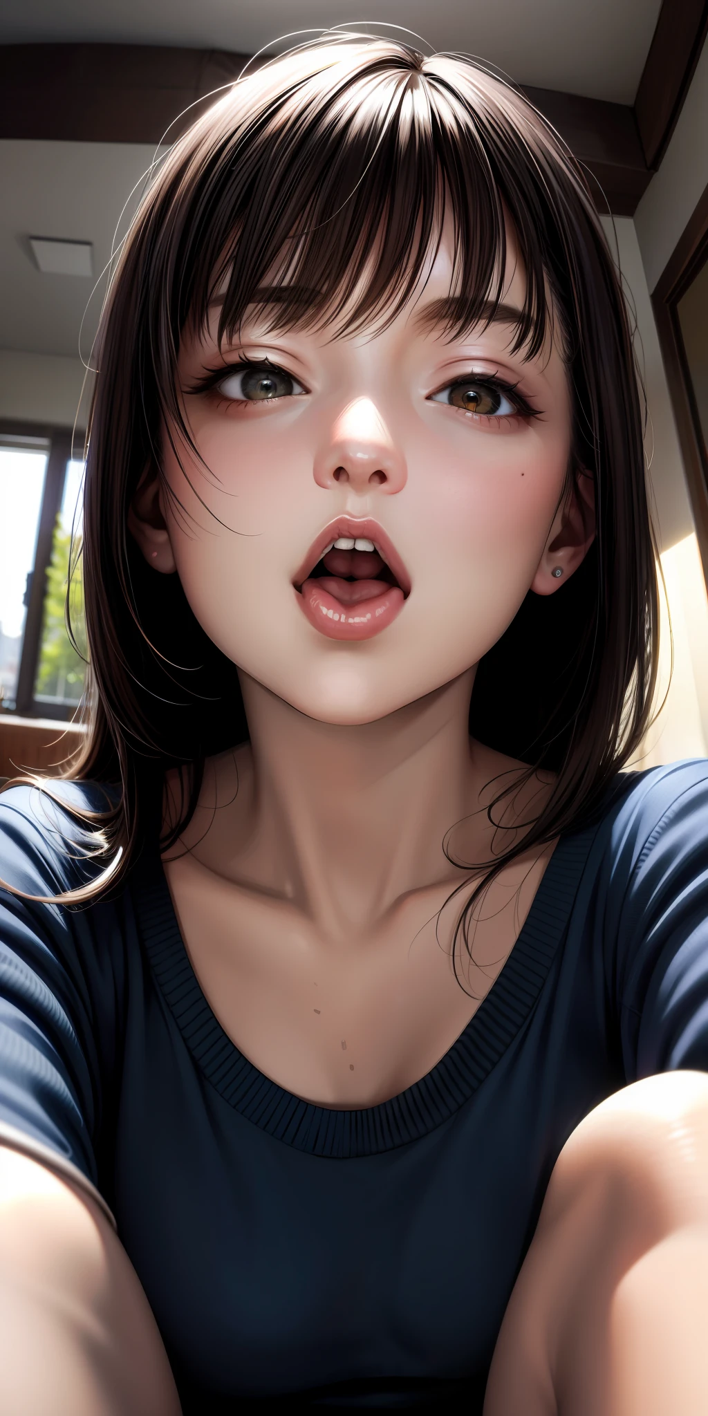realistic, 2 women, selfie, mouth wide open, tongue out pose, face zoom, look up, , sitting, background bedroom