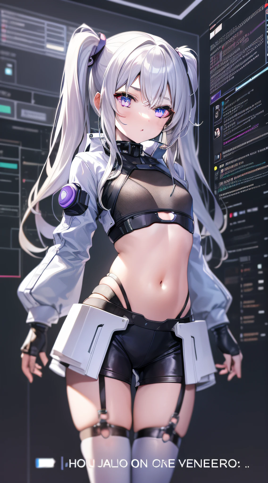 ((masterpiece:1.4, best quality))+, (ultra detailed)+, (detailed screen UI design:1.4),1girl,cute girl doing live streaming,(detailed layout)+, including elements such as chat box, side bar, (icon),She's in the sidebar of the screen,silver hair,pale-blonde long twintails, violet eyes, cyberpunk,,(white thighhighs), cute girl,blue clothes,(flat chest:1.3), (english text:1.25),