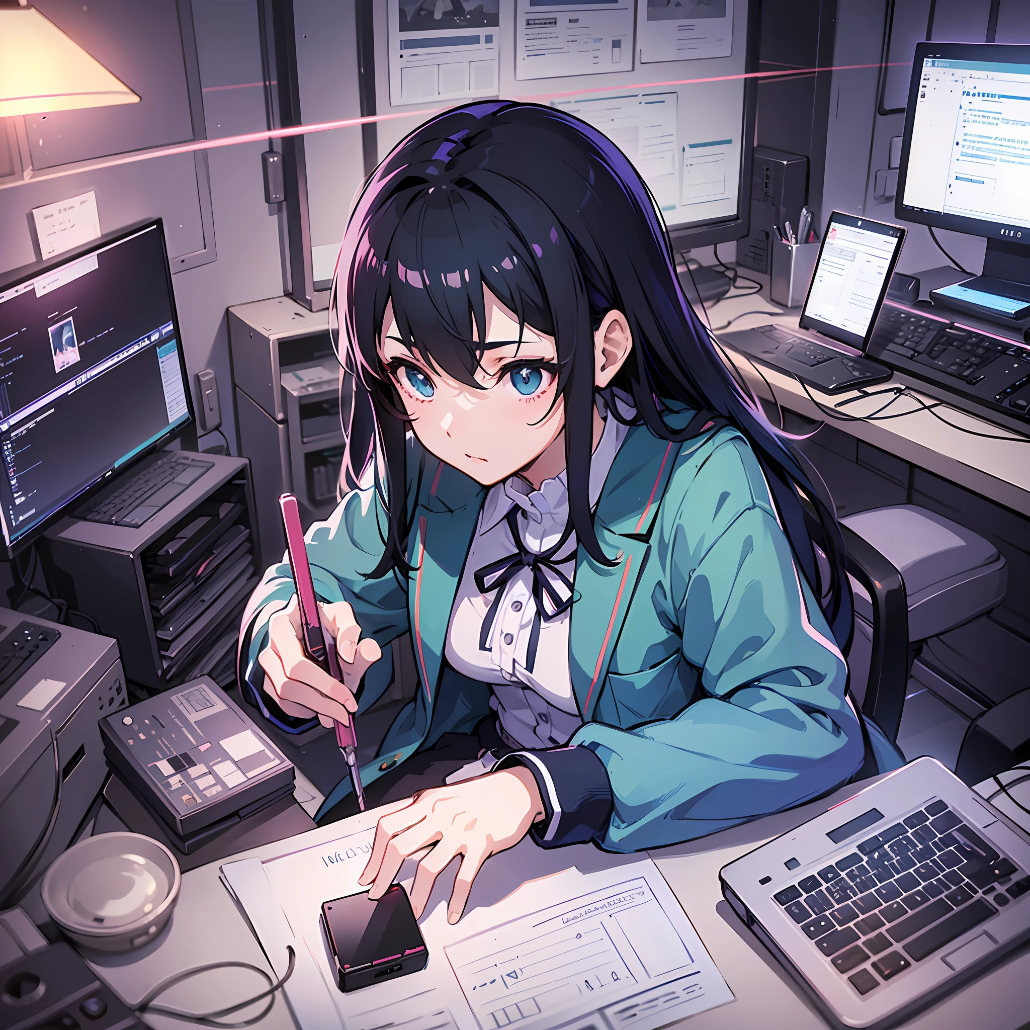 Create a high resolution artwork of Anime Girl is programming at a computer in a room full of gadgets, web developer, by makoto shinkai and ghibli studio, outlined silhouettes, dramatic lighting, highly detailed, incredible quality, trending on artstation, masterpiece, 8k,1920x1080,Screen Resolution --auto --s2